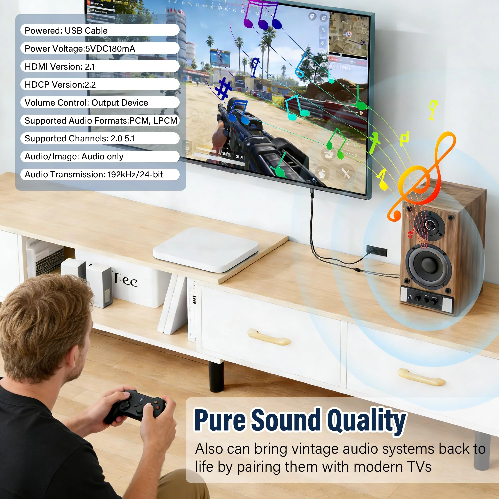 HDMI ARC to 2 RCA Audio Extractor Converter Cable 8 FT for TV to Soundbar,USB Powered ARC/eARC to Dual L/R Stereo RCA Male Adapter Splitter,192KHz PCM for Sound System Speaker Amplifier,Plug & Play 8FT - Image 6
