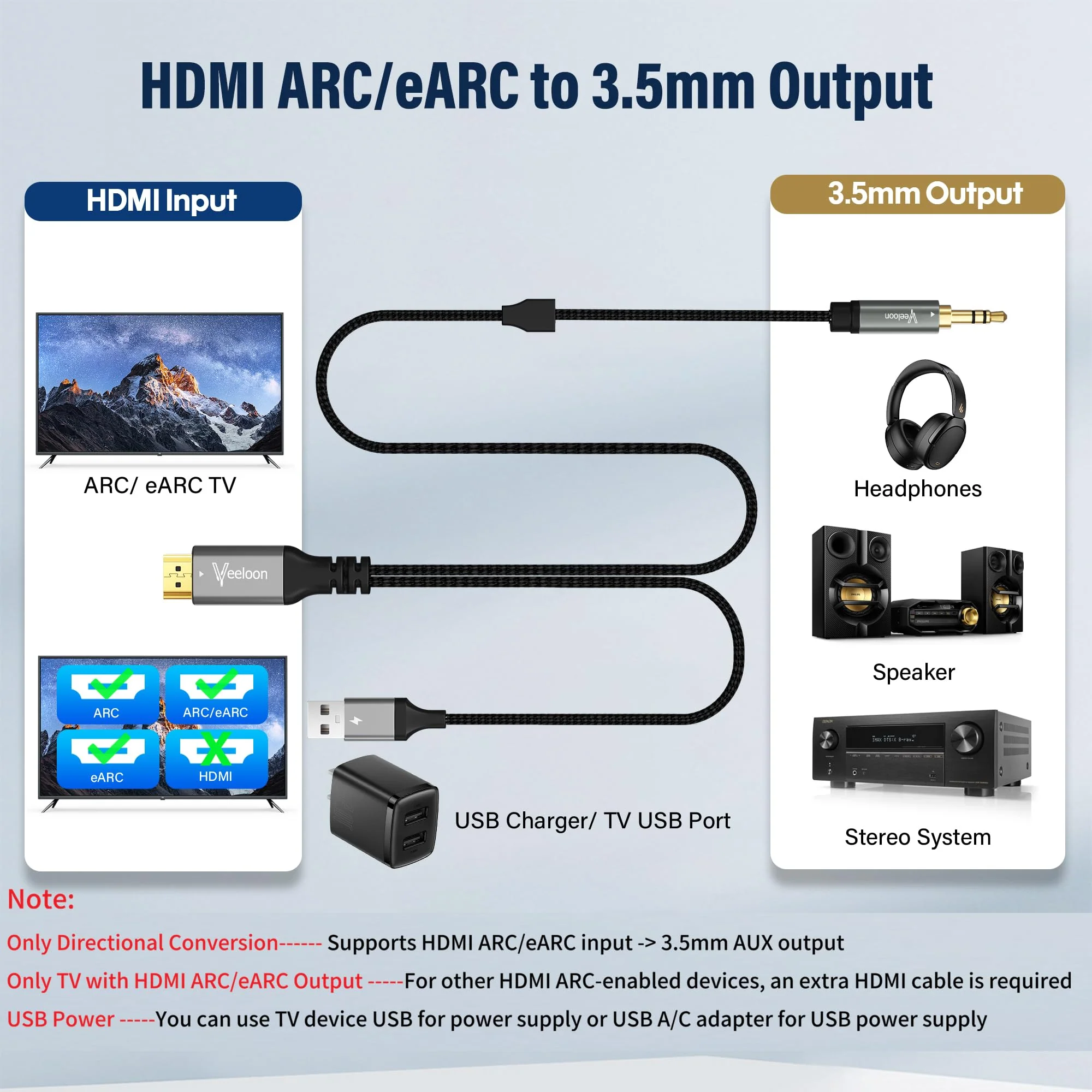 HDMI ARC to 3.5mm AUX Audio Extractor Converter Cable 3 FT, USB Powered ARC/eARC to Stereo Male Adapter Splitter,192KHz PCM for TV Sound System Speaker Soundbar Home Theater Amplifier,Plug & Play 3FT - Image 2