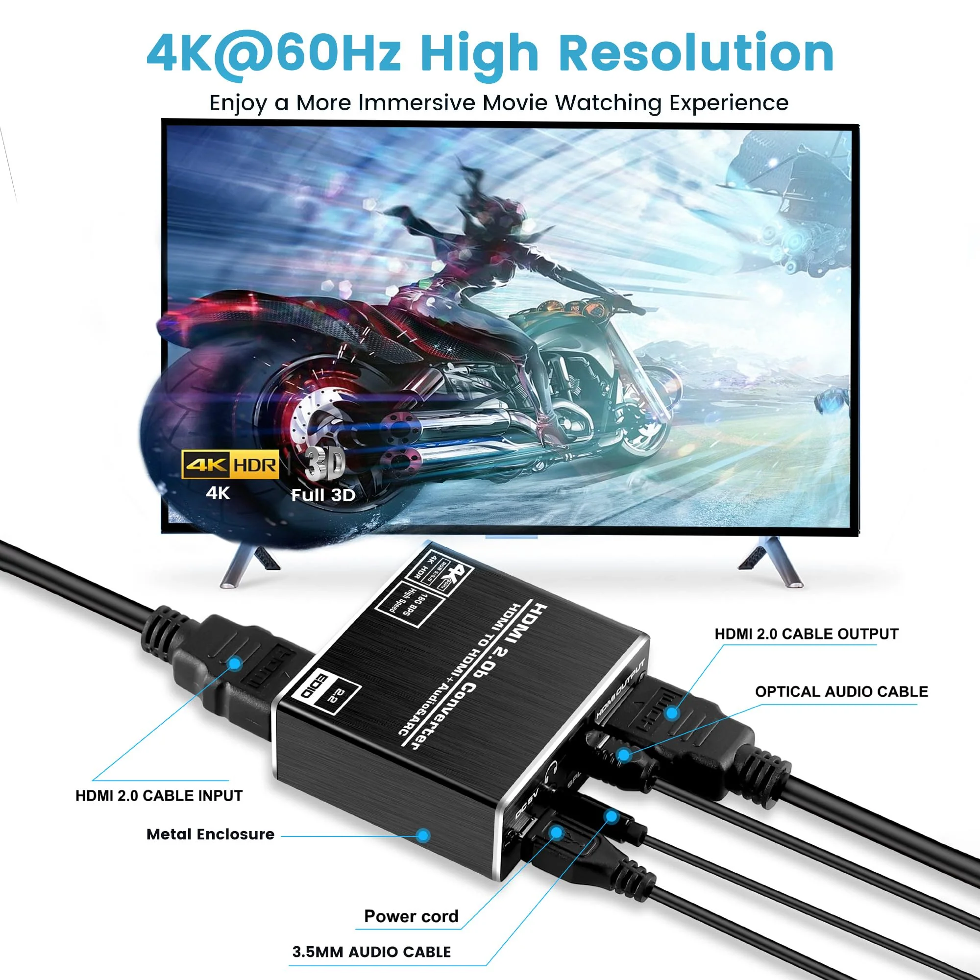HDMI ARC to Optical Audio Adapter, NEWCARE 4K@60Hz HDMI Audio Splitter Converter, HDMI to HDMI+Optical Toslink SPDIF+3.5mm Jack AUX Audio Out, Metal HDMI Audio Extractor Support Blue-Ray Play Soundbar - Image 4