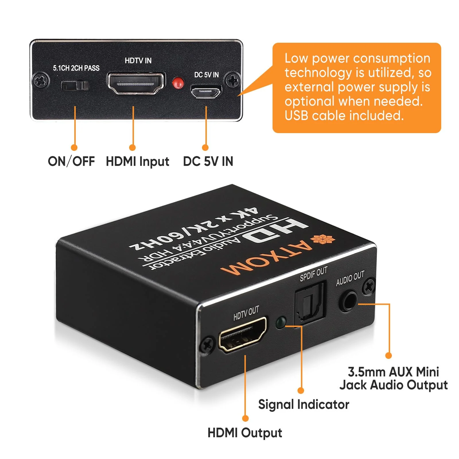 HDMI Audio Extractor 4K 60Hz HDMI to Optical SPDIF + 3.5mm AUX RCA Stereo Audio Splitter Converter Supports HDR10, HDMI 2.0, HDCP, 1080P, Digital DTS, 5.1 Sound Channels, PCM, EDID - Image 4