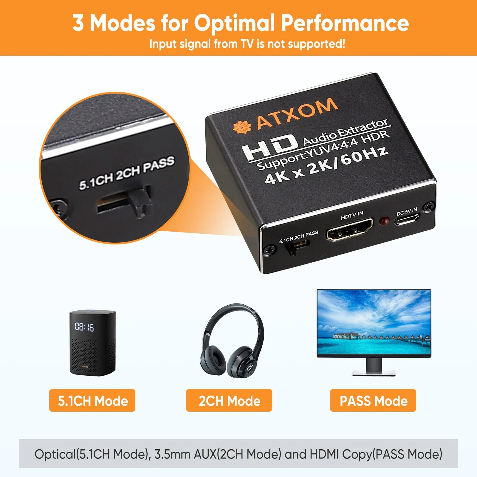 HDMI Audio Extractor 4K 60Hz HDMI to Optical SPDIF + 3.5mm AUX RCA Stereo Audio Splitter Converter Supports HDR10, HDMI 2.0, HDCP, 1080P, Digital DTS, 5.1 Sound Channels, PCM, EDID - Image 6