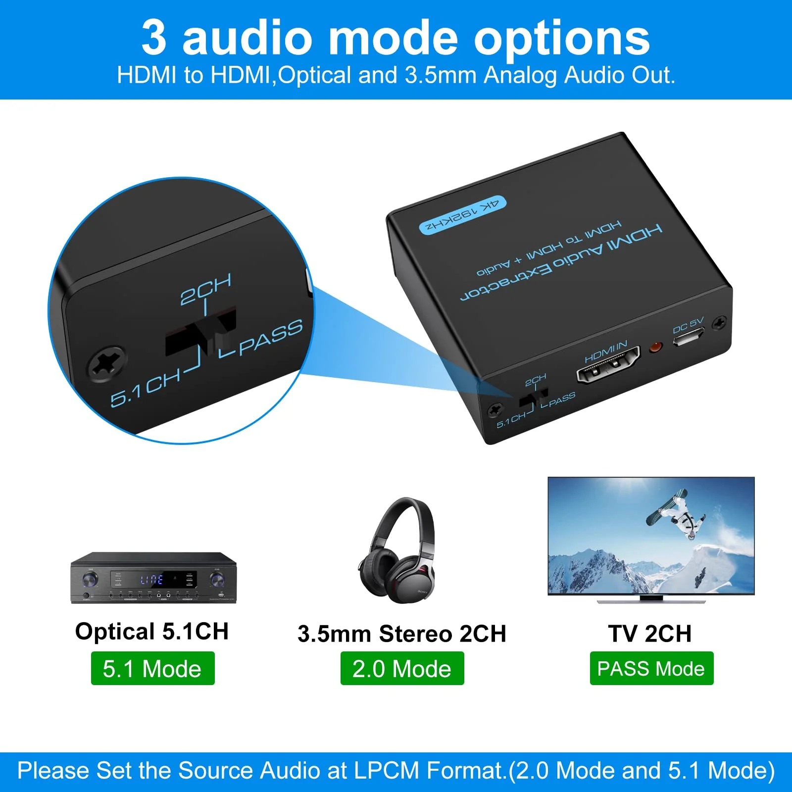 HDMI Audio Extractor 4K HDMI to Optical 3.5mm AUX Audio Adapter Splitter Converter Supports HDCP Dolby Digital DTS 5.1 PCM - Image 5
