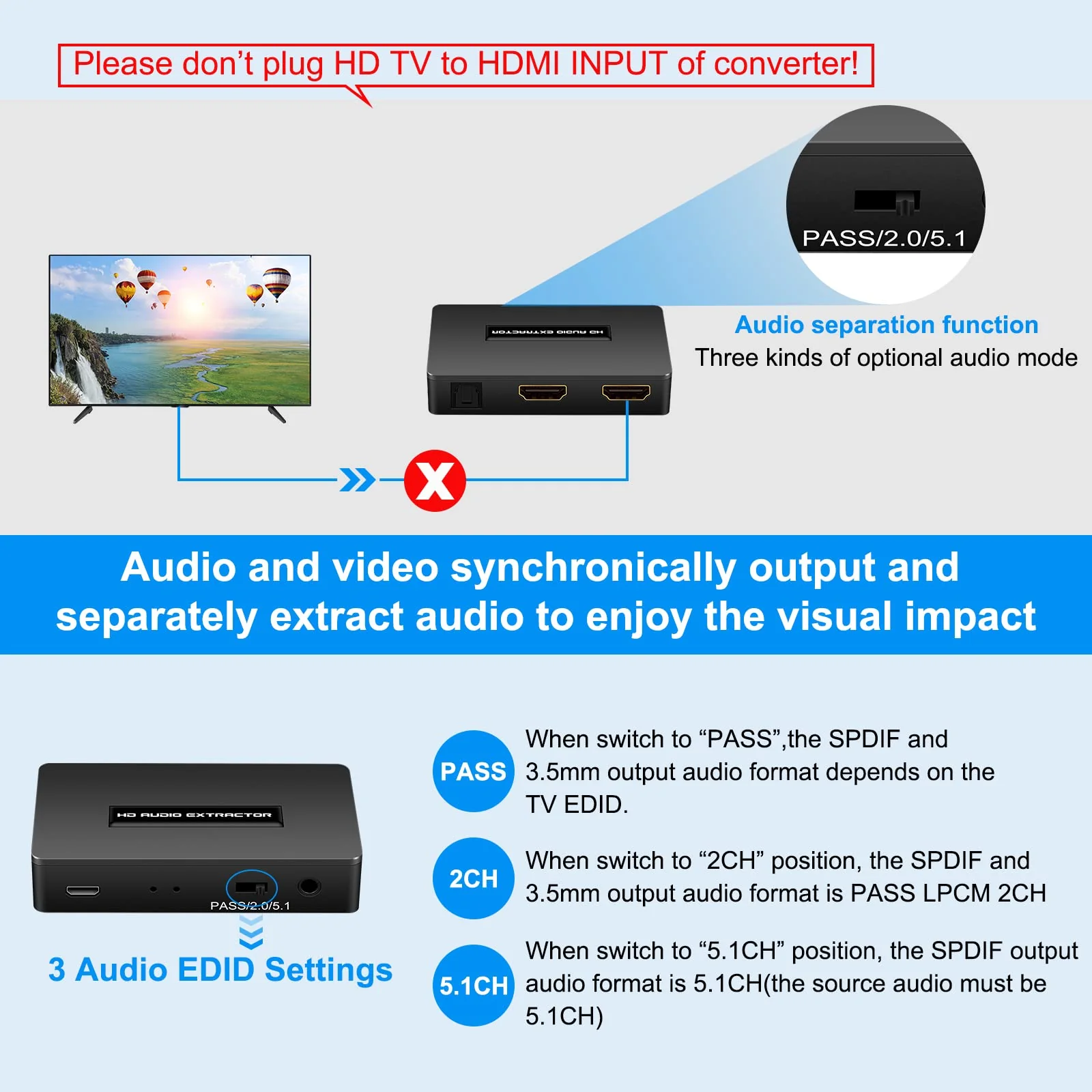 HDMI Audio Extractor Splitter hdmi to hdmi 3.5mm Audio Adapter Converter with Spdif Output Support 1080P 3D Compatable for PS4 Fire Stick Blu-Ray Player etc. - Image 4