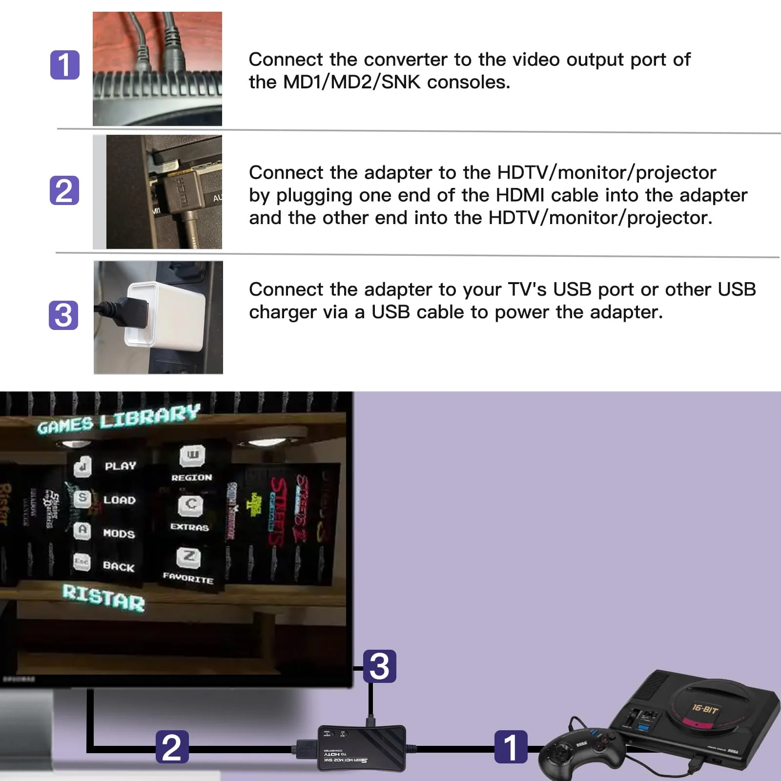 HDMI Cable for Sega Genesis MD1/MD2,SNK Consoles, Supports 1080P/720P Switching and Aspect Ratio Switching 16:9/4:3. - Image 6