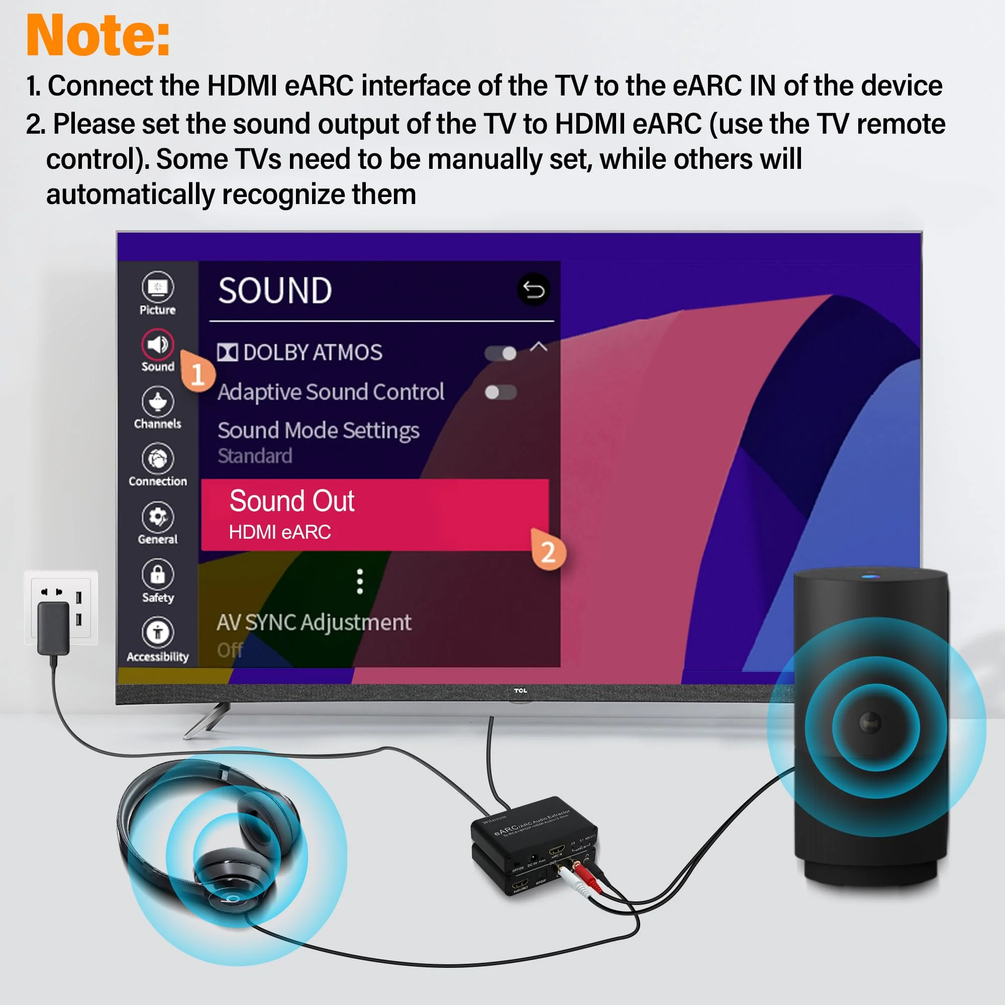 HDMI Earc/Arc Audio Extractor/Adapter, HDMI Earc/Arc to HDMI, RCA R/L, Optical, 3.5mm Audio Converter - Image 3