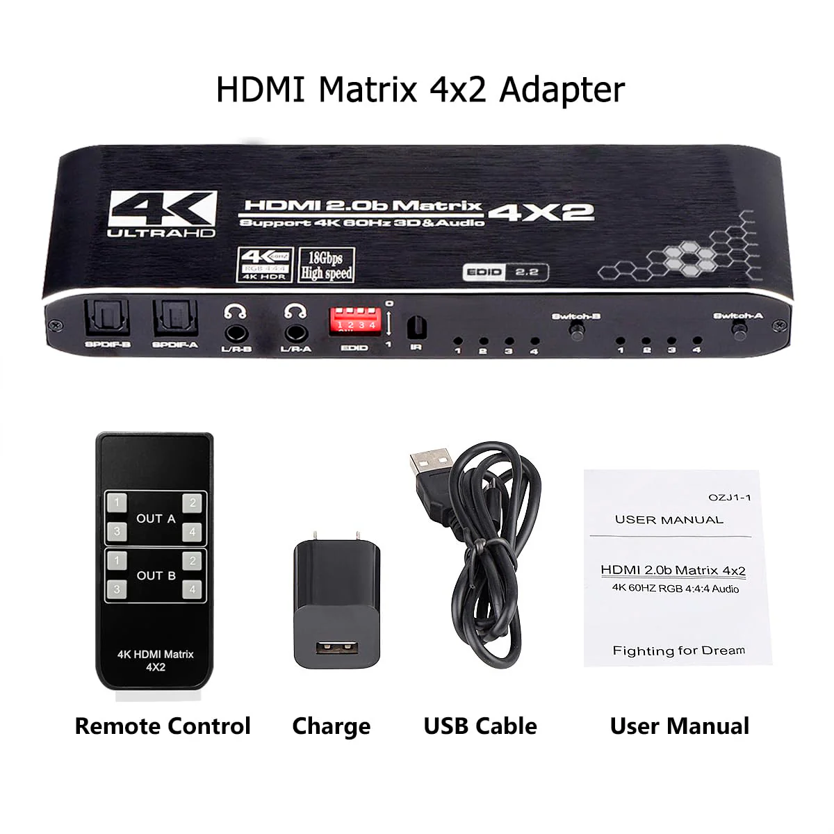 HDMI Matrix Switch 4x2, 4K HDMI Matrix Switcher Splitter 4 in 2 Out Box with EDID Extractor and IR Remote Control Support 4K HDR, HDMI 2.0b, HDCP 2.2, 4K@60Hz, 3D, 1080P Black - Image 7