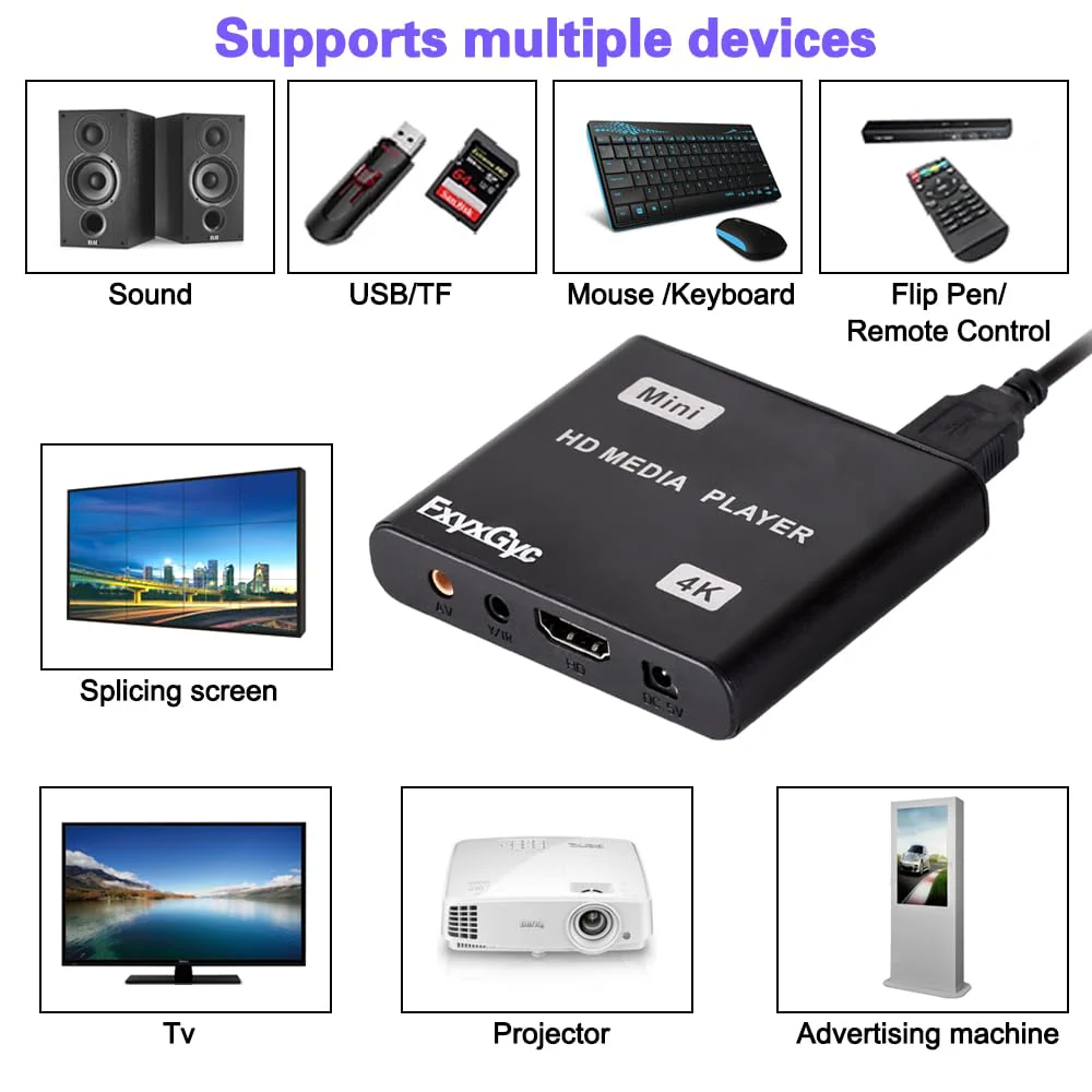 HDMI Media Player, 4K Ultra HD Digital Media Player, Supports USB Drive, SD Card, 4K@30Hz Output,H.265/H.264/AVC Decoding MP4/MKV/MP3/TS/Rmvb/Mov/JPG for Advertising Playback Multimedia TV Playback. Deep black - Image 6