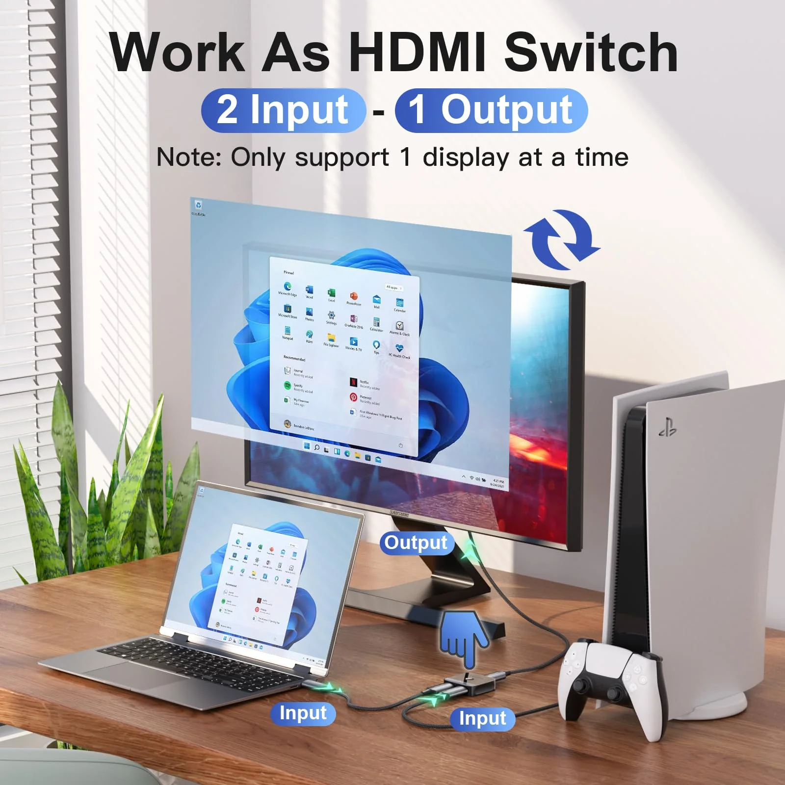 HDMI Splitter 1 in 2 Out 4k@60hz, HDMI Switch 2 in 1 Out with LED Indicators/HDMI Splitter 2 in 1 Out/HDMI Switcher Support 4K 3D HDR for Xbox PS5/4/3/Blu-Ray TV/Player/Laptop PC - Image 3