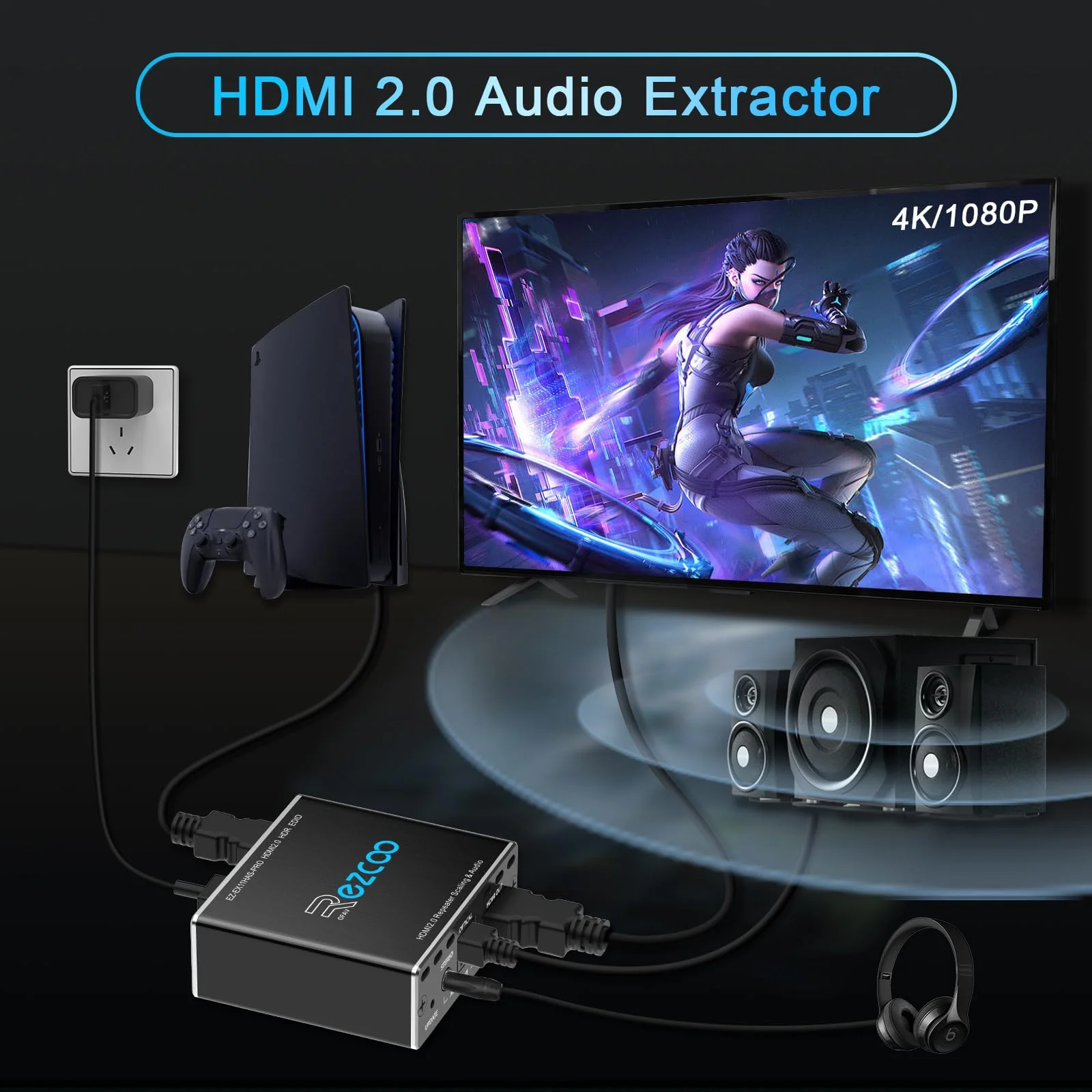 HDMI Splitter 1x1 Audio Extractor 4K 60Hz Atmos CEC EDID/Down-Scale/HDCP Switch Fit Various Video- SPDIF 5.1CH Optical Toslink,Stereo Audio Breakout, HDMI Repeater Digital De-embedder Decoder EX11PRO HDMI 2.0 Audio Extractor - Image 2