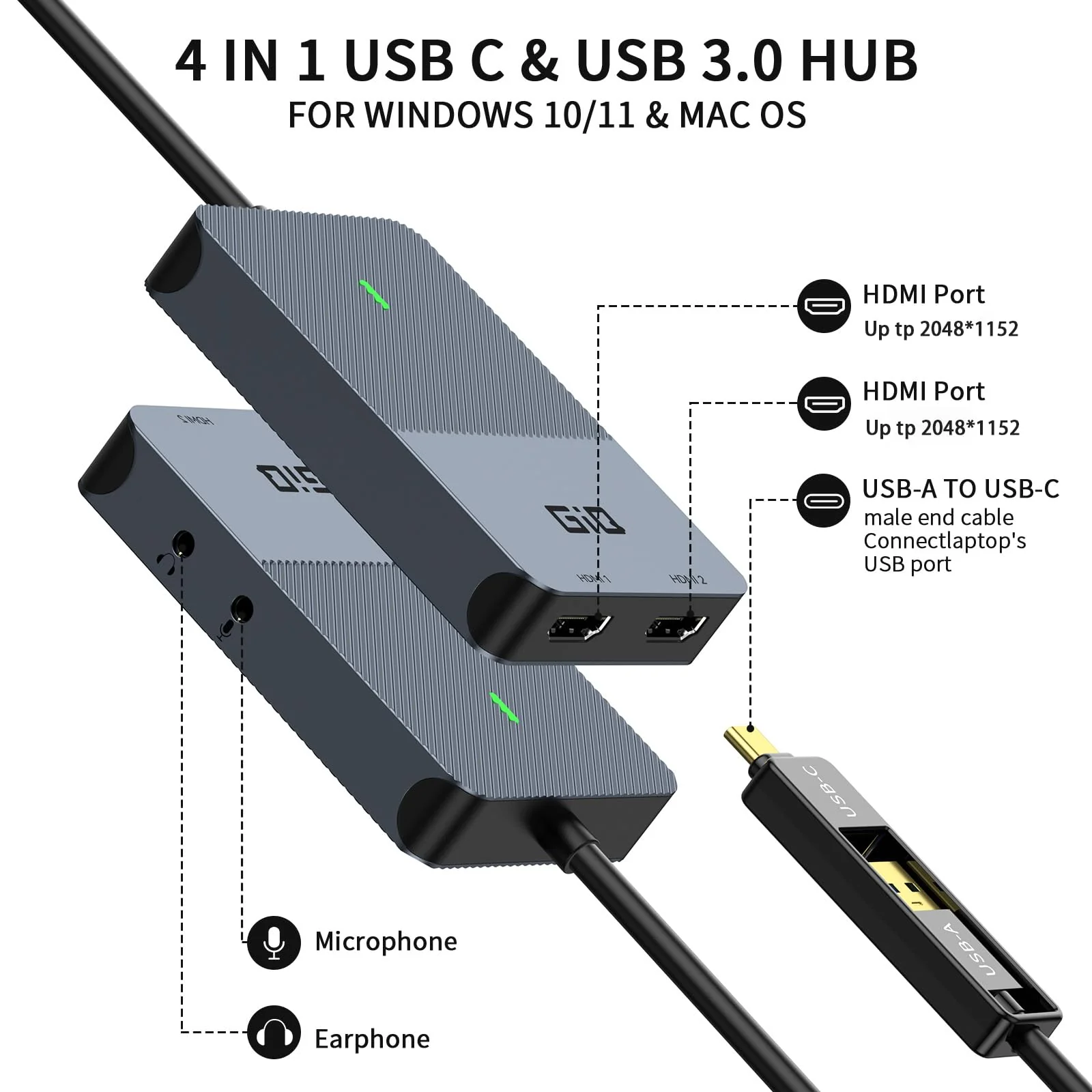 HDMI Splitter Extended Display for Dual Monitor, Dual 2K@60Hz Universal Video Graphics USB to Dual HDMI Adapter for USB A & USB-C Adapter, Compatible with USB 4,Windows and Mac Classic Grey - Image 2