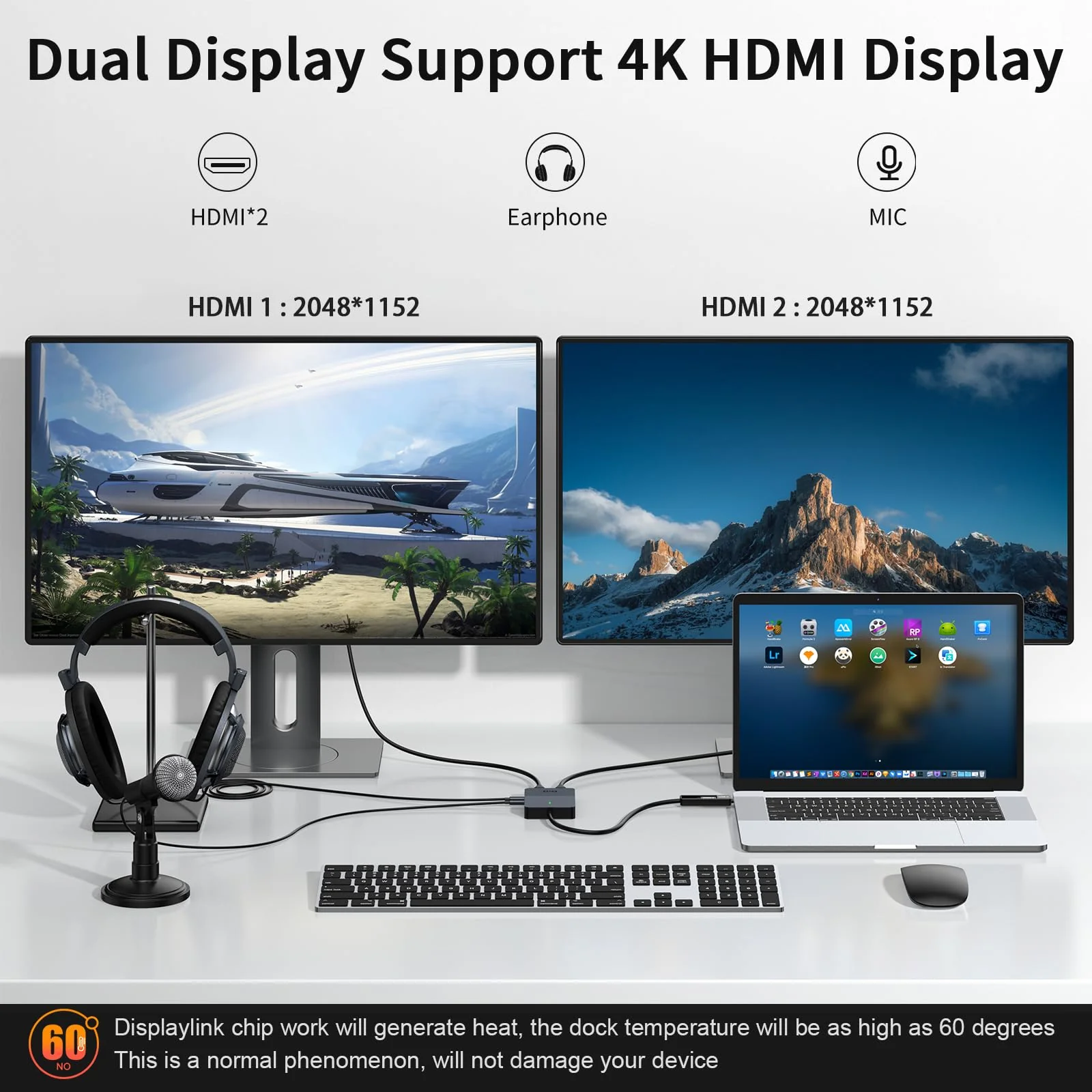 HDMI Splitter Extended Display for Dual Monitor, Dual 2K@60Hz Universal Video Graphics USB to Dual HDMI Adapter for USB A & USB-C Adapter, Compatible with USB 4,Windows and Mac Classic Grey - Image 3
