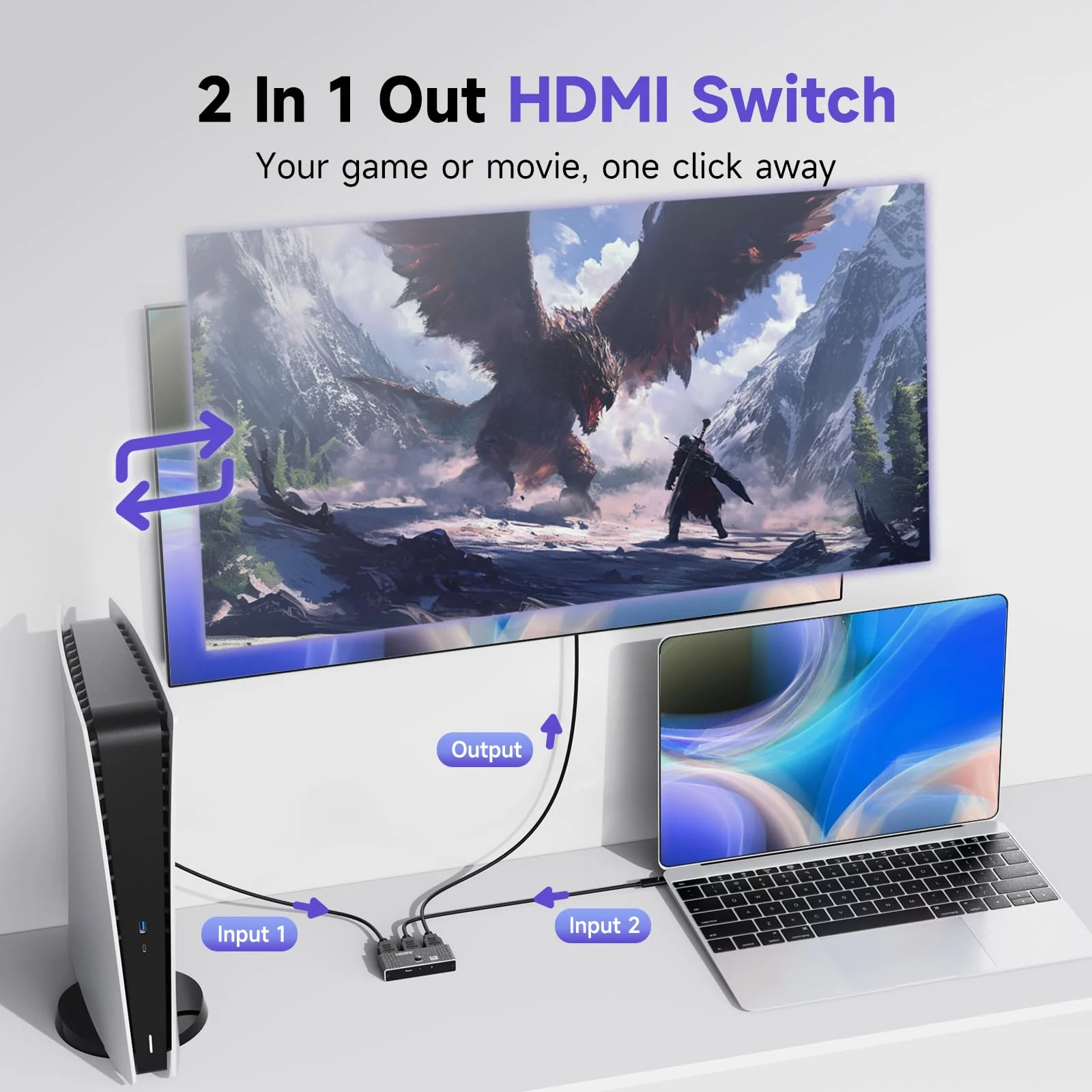HDMI Switch 2 in 1 Out, 8K@60Hz 4K@120Hz, Aluminum HDMI 2.1 Switcher, Supports VRR HDR10+ Dolby Vision 48Gbps HDMI Splitter, Perfect for Gaming, PS5, Xbox, Roku, Fire Stick(Black) Black - Image 2