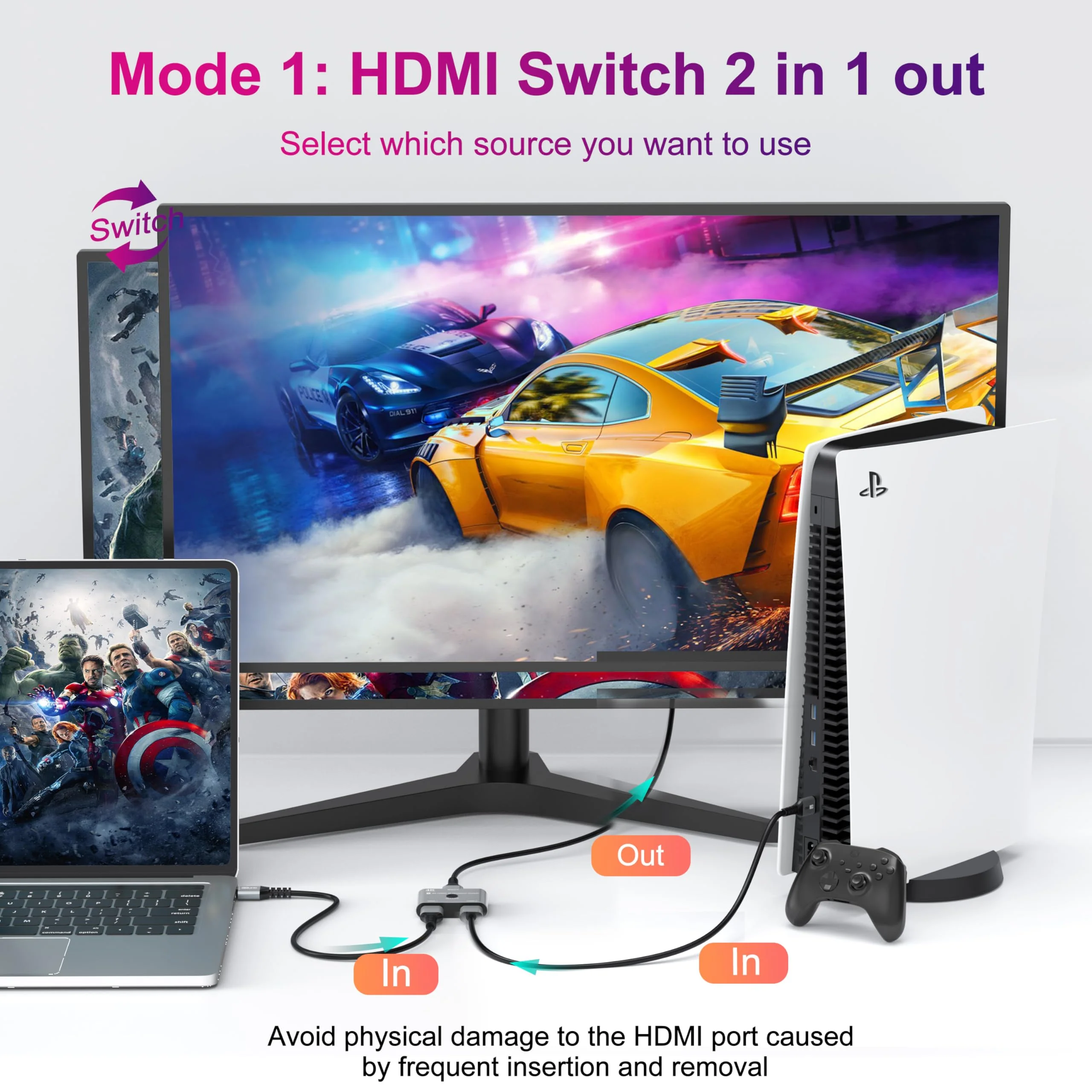 HDMI Switch 2 in 1 Out, HDMI Switcher 1 in 2 Out 4K@60HZ, Bi-Directional Aluminum HDMI Splitter for 2 Computers Monitor Compatible with PS5/4, PC, Xbox Series and More 1 Pack Grey - Image 3