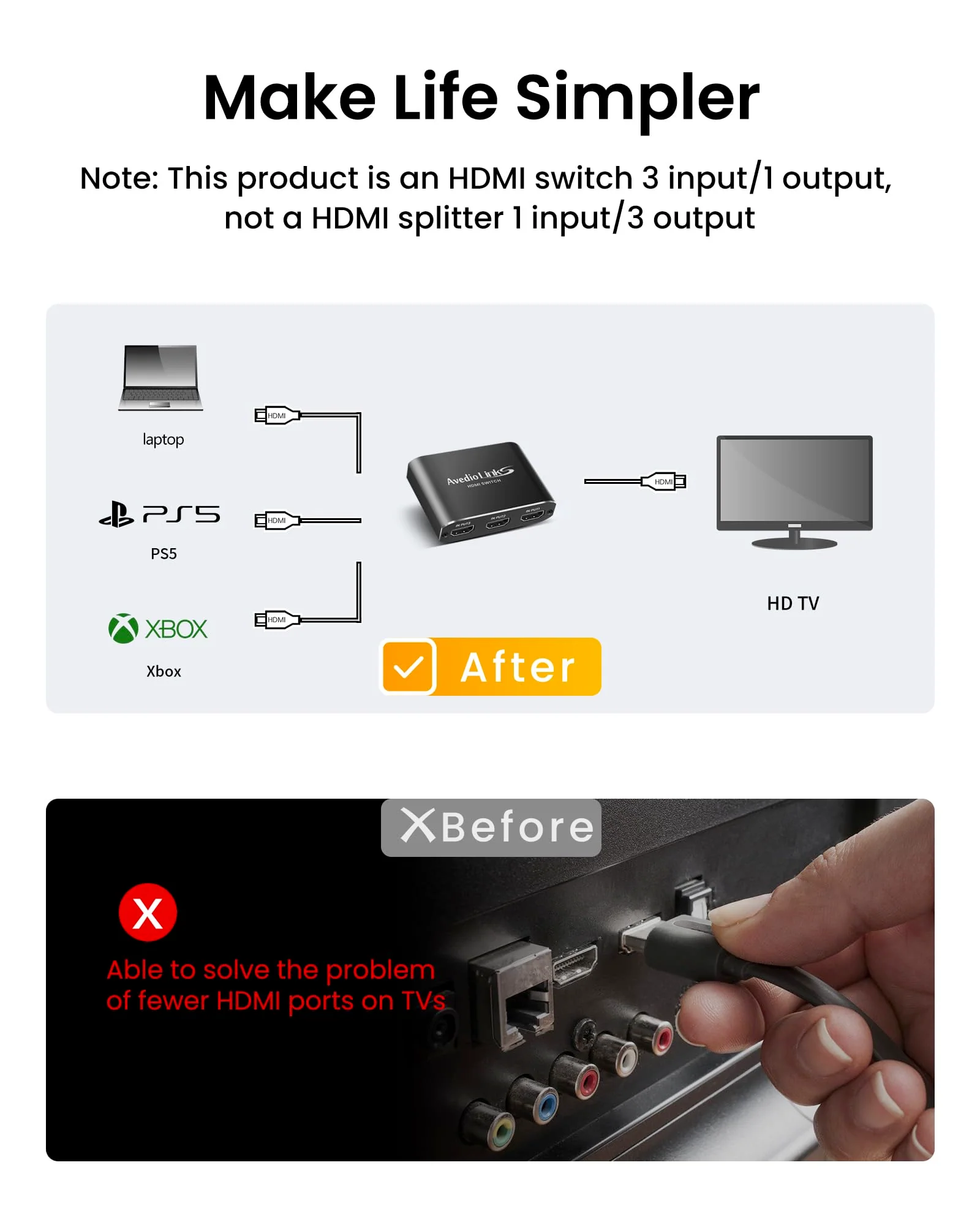 HDMI Switch 3-Port 4K@60Hz Aluminum Alloy[with 4FT HDMI 2.0 Cable], avedio links 4K HDMI Switcher, 3 Way HDMI Selector Switch, HDMI Switch 3 in 1 Out Support HDCP 2.2, HDR 10, for PS5, PS4 (Black) Aluminum Alloy 4K@60Hz 3x1 Black - Image 2