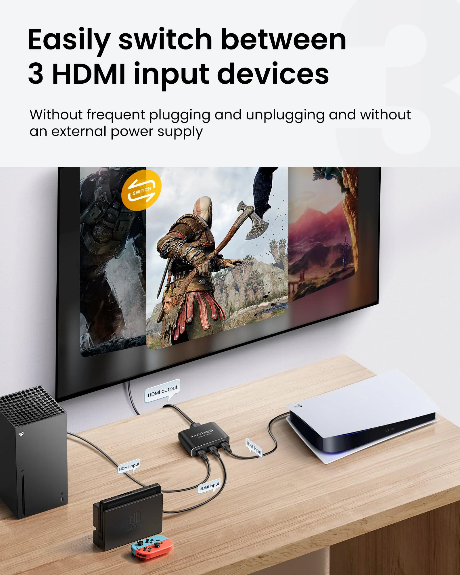 HDMI Switch 3-Port 4K@60Hz Aluminum Alloy[with 4FT HDMI 2.0 Cable], avedio links 4K HDMI Switcher, 3 Way HDMI Selector Switch, HDMI Switch 3 in 1 Out Support HDCP 2.2, HDR 10, for PS5, PS4 (Black) Aluminum Alloy 4K@60Hz 3x1 Black - Image 4
