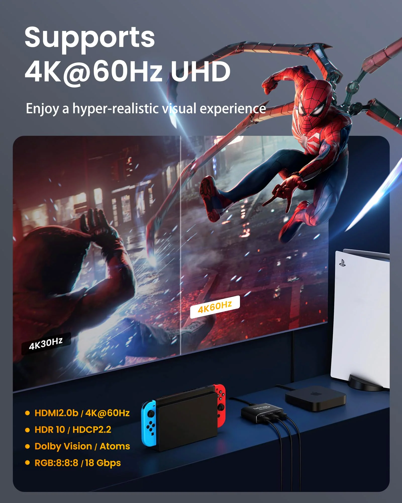 HDMI Switch 3-Port 4K@60Hz Aluminum Alloy[with 4FT HDMI 2.0 Cable], avedio links 4K HDMI Switcher, 3 Way HDMI Selector Switch, HDMI Switch 3 in 1 Out Support HDCP 2.2, HDR 10, for PS5, PS4 (Black) Aluminum Alloy 4K@60Hz 3x1 Black - Image 5