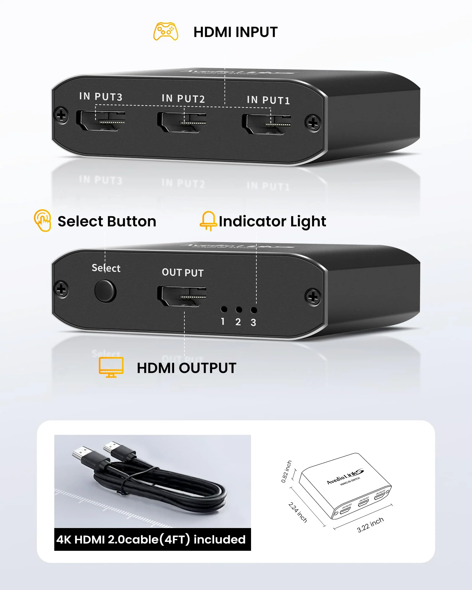 HDMI Switch 3-Port 4K@60Hz Aluminum Alloy[with 4FT HDMI 2.0 Cable], avedio links 4K HDMI Switcher, 3 Way HDMI Selector Switch, HDMI Switch 3 in 1 Out Support HDCP 2.2, HDR 10, for PS5, PS4 (Black) Aluminum Alloy 4K@60Hz 3x1 Black - Image 6