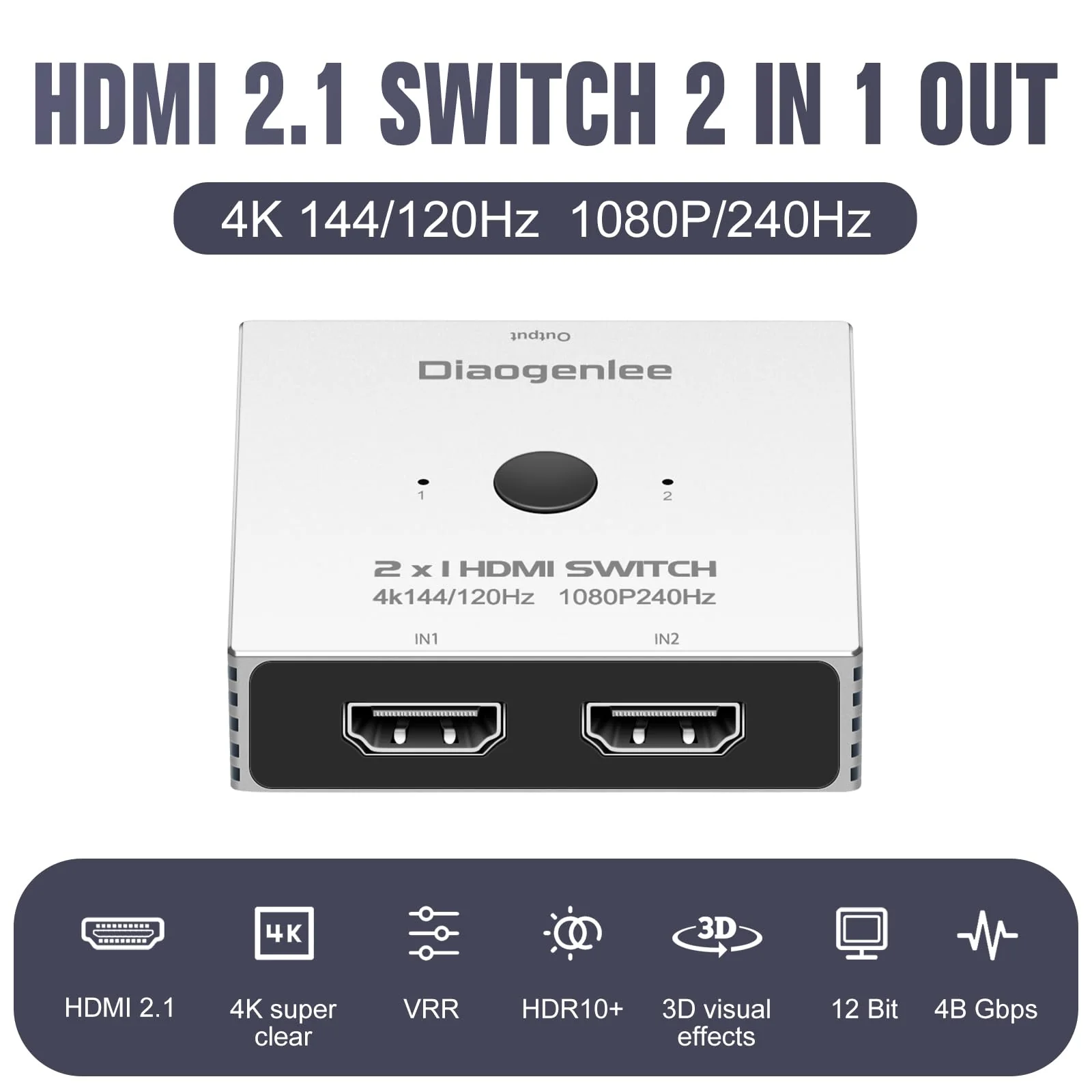 HDMI Switch 4K@120hz，2 in 1 Out switcher Splitter 4Kx2K@120hz，4K@144hz,1080p@240hz,HDMI 2.0b 2x1,Aluminum Shell, Compatible with PS4 PS5, Xbox, Fire Stick, Apple TV, Roku, PC, TV - Image 3