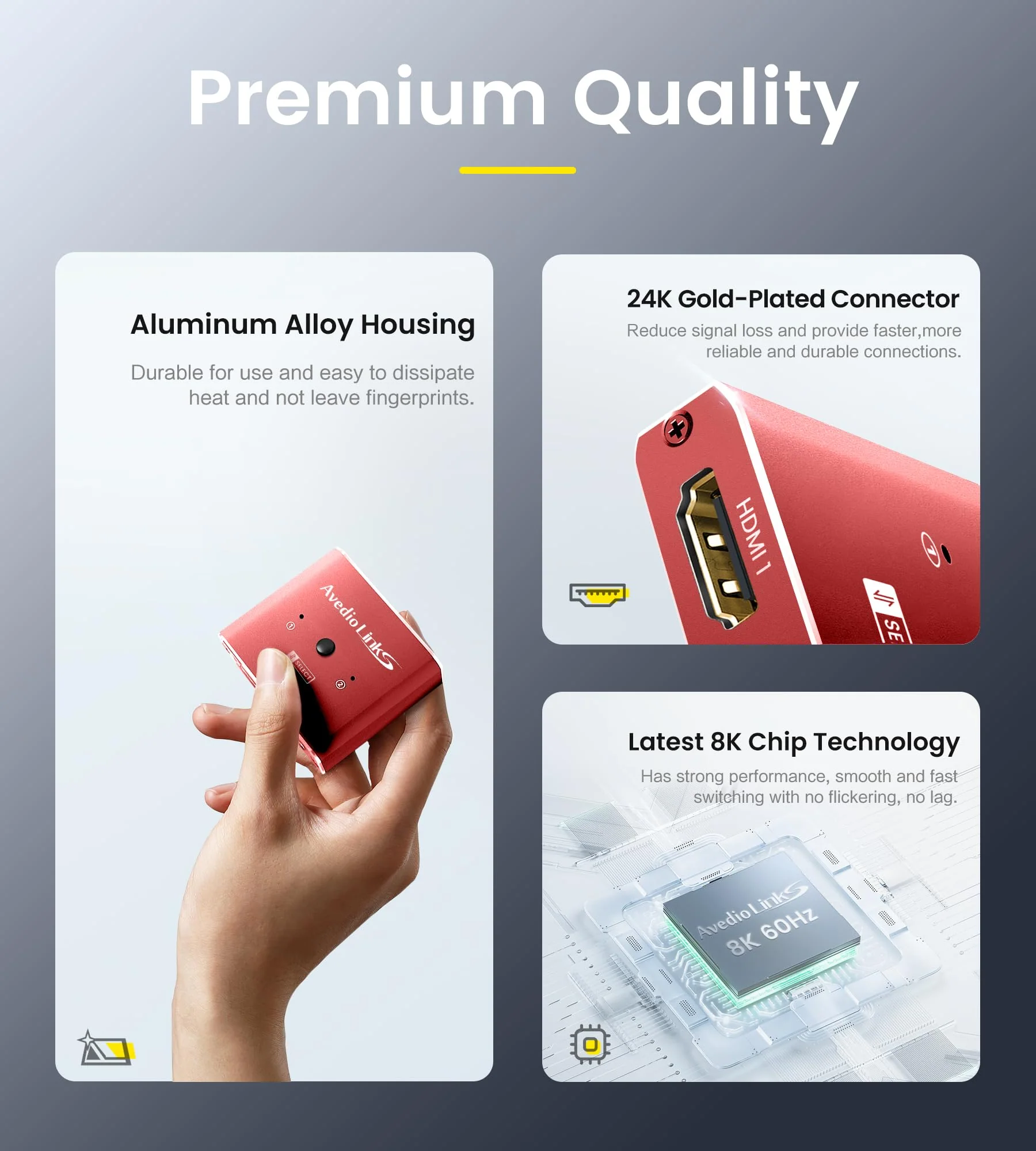HDMI Switch 4K 120Hz, avedio links 8K HDMI 2.1 Switch Splitter 2 in 1 Out, Aluminum Alloy Bi-Directional Switcher Support Ultra HD 8K@60Hz 4K@144Hz High Speed 48Gbps (Red) - Image 6