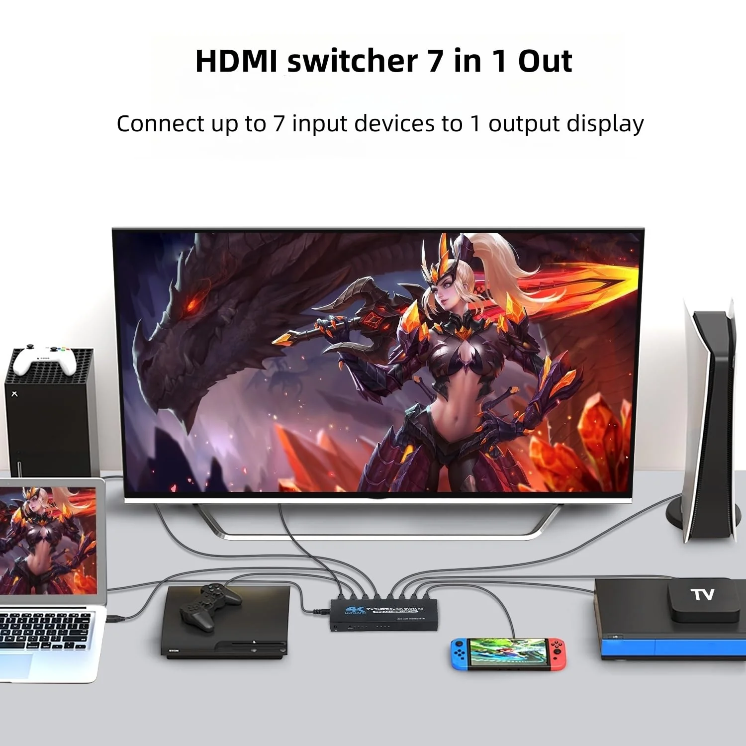 HDMI Switch, 4K@60Hz HDMI Switcher 7 in 1 Out with IR Remote, 7 Port HDMI Selector Box Support HDMI2.0, Dolby Vision/Atmos, HDR10 for Box, Switch, PS5/4, Roku, Fire -Stick-Black 4K@60Hz 7 in 1 Out black - Image 2