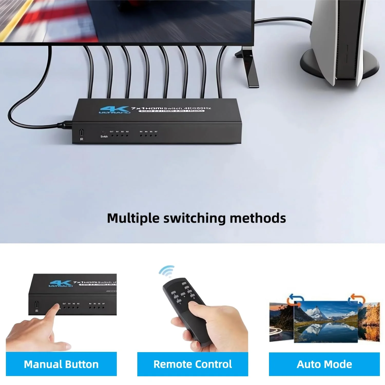 HDMI Switch, 4K@60Hz HDMI Switcher 7 in 1 Out with IR Remote, 7 Port HDMI Selector Box Support HDMI2.0, Dolby Vision/Atmos, HDR10 for Box, Switch, PS5/4, Roku, Fire -Stick-Black 4K@60Hz 7 in 1 Out black - Image 5