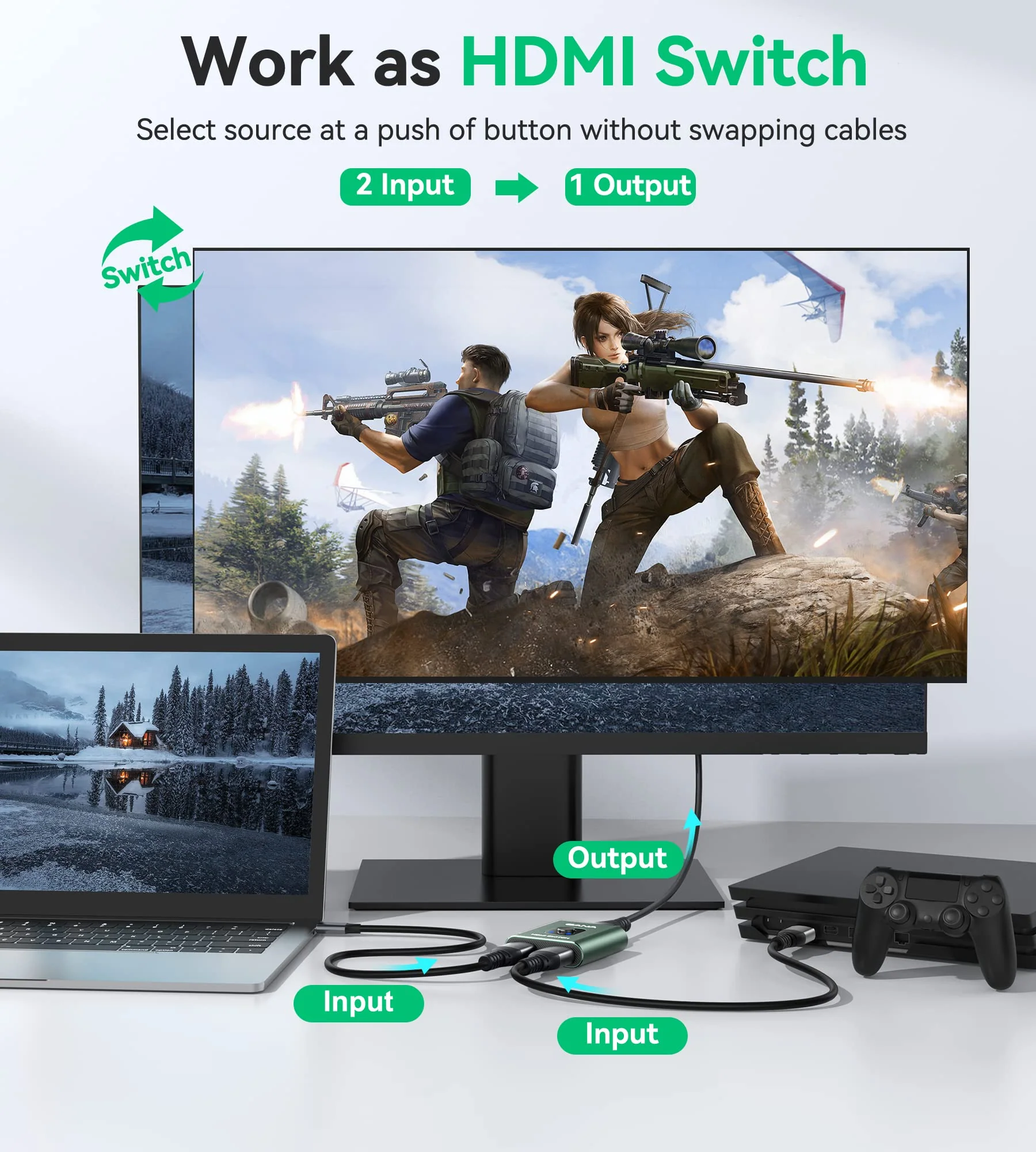 HDMI Switch 4k@60hz Splitter, GANA Aluminum Bidirectional HDMI Switcher 2 in 1 Out, Manual HDMI Hub Supports HD Compatible with Xbox PS5/4/3 Blu-Ray Player Fire Stick Roku Green - Image 2
