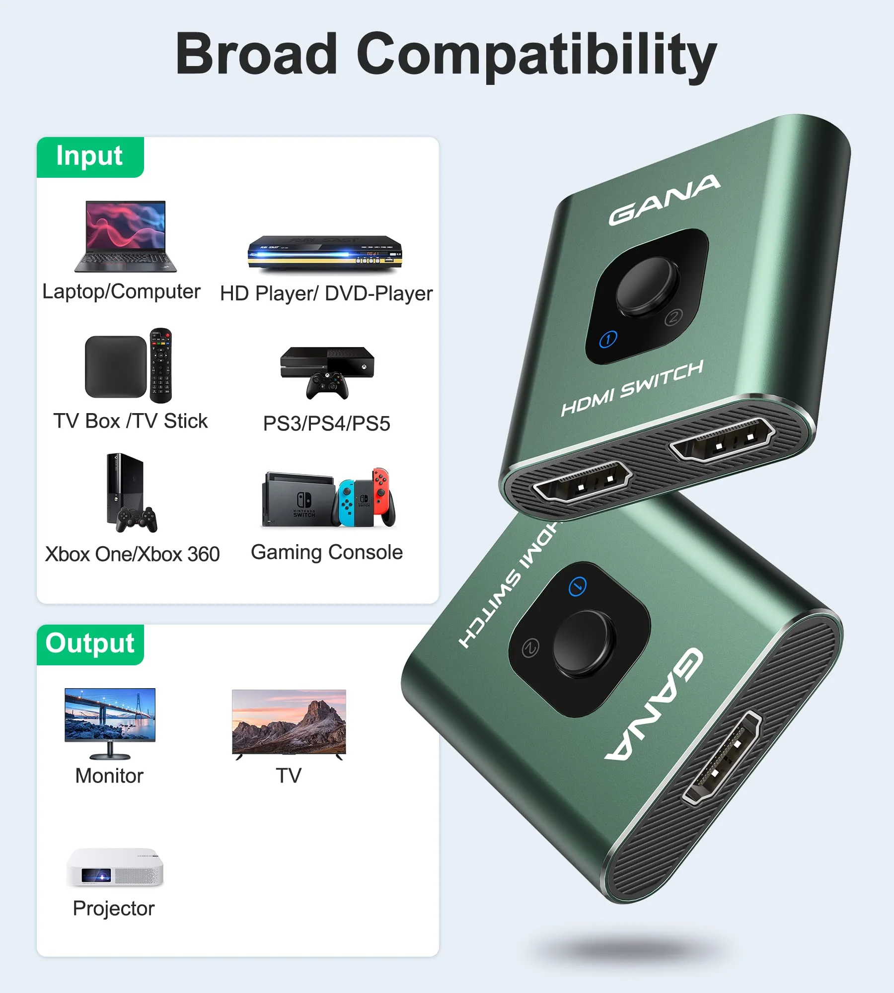 HDMI Switch 4k@60hz Splitter, GANA Aluminum Bidirectional HDMI Switcher 2 in 1 Out, Manual HDMI Hub Supports HD Compatible with Xbox PS5/4/3 Blu-Ray Player Fire Stick Roku Green - Image 6