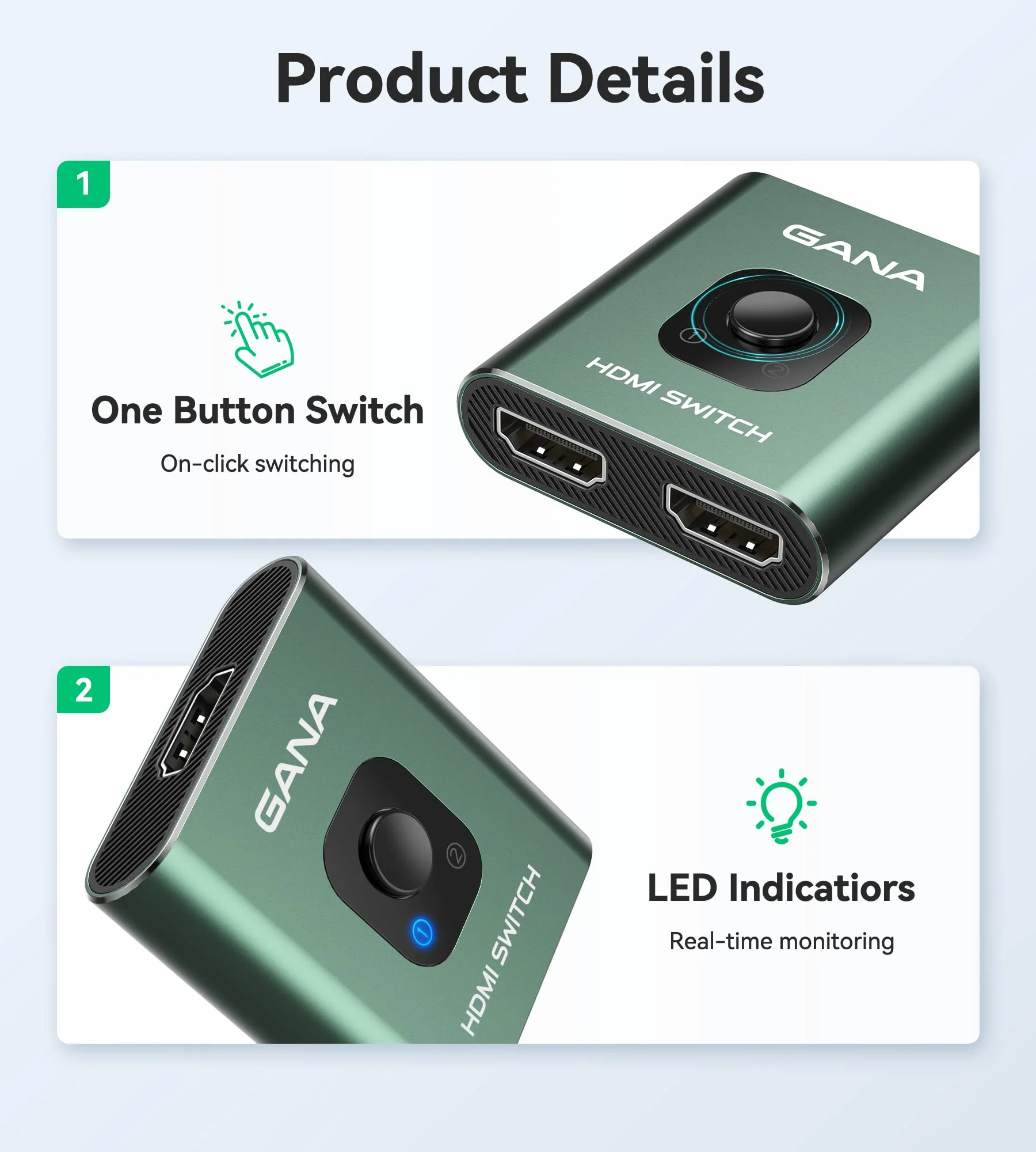 HDMI Switch 4k@60hz Splitter, GANA Aluminum Bidirectional HDMI Switcher 2 in 1 Out, Manual HDMI Hub Supports HD Compatible with Xbox PS5/4/3 Blu-Ray Player Fire Stick Roku Green - Image 7