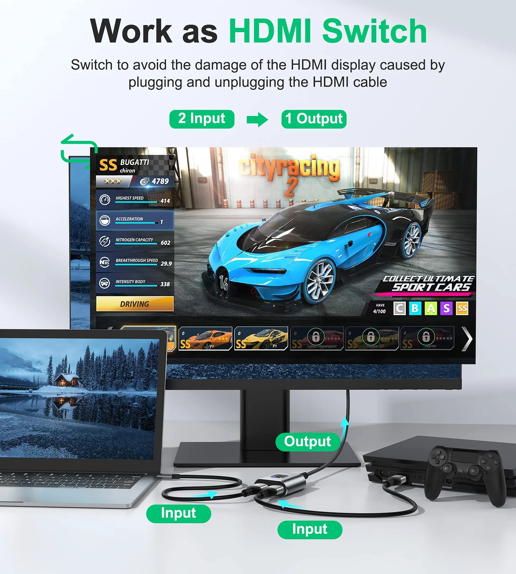 HDMI Switch 4k HDMI Splitter-GANA Aluminum Bidirectional HDMI Switcher,HDMI Switch Splitter 2 in 1 Out, Manual HDMI Hub Supports HD 4K@60hz for Blu-Ray-Player Fire Stick Xbox(Only ONE monitor) - Image 2