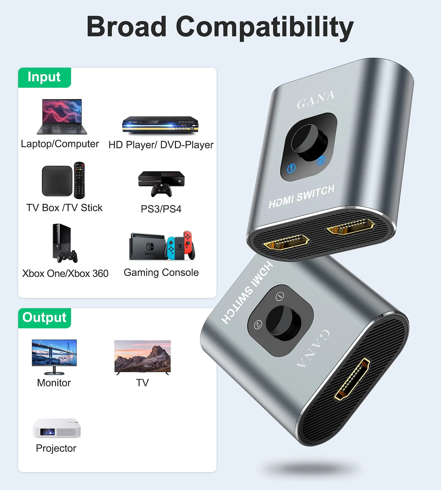 HDMI Switch 4k HDMI Splitter-GANA Aluminum Bidirectional HDMI Switcher,HDMI Switch Splitter 2 in 1 Out, Manual HDMI Hub Supports HD 4K@60hz for Blu-Ray-Player Fire Stick Xbox(Only ONE monitor) - Image 6