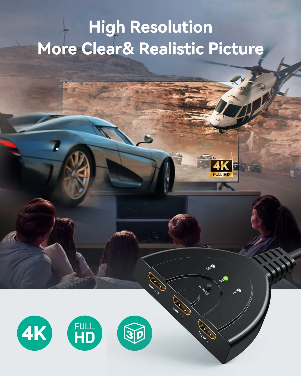 HDMI Switch 4K, VILCOME 3 Port HDMI Switcher 3x1 HDMI Splitter Hub 3 in 1 Out with Pigtail Cable Supports 4K 3D HD 1080P for Xbox PS4 Roku HDTV 1.25FT Cable - Image 4