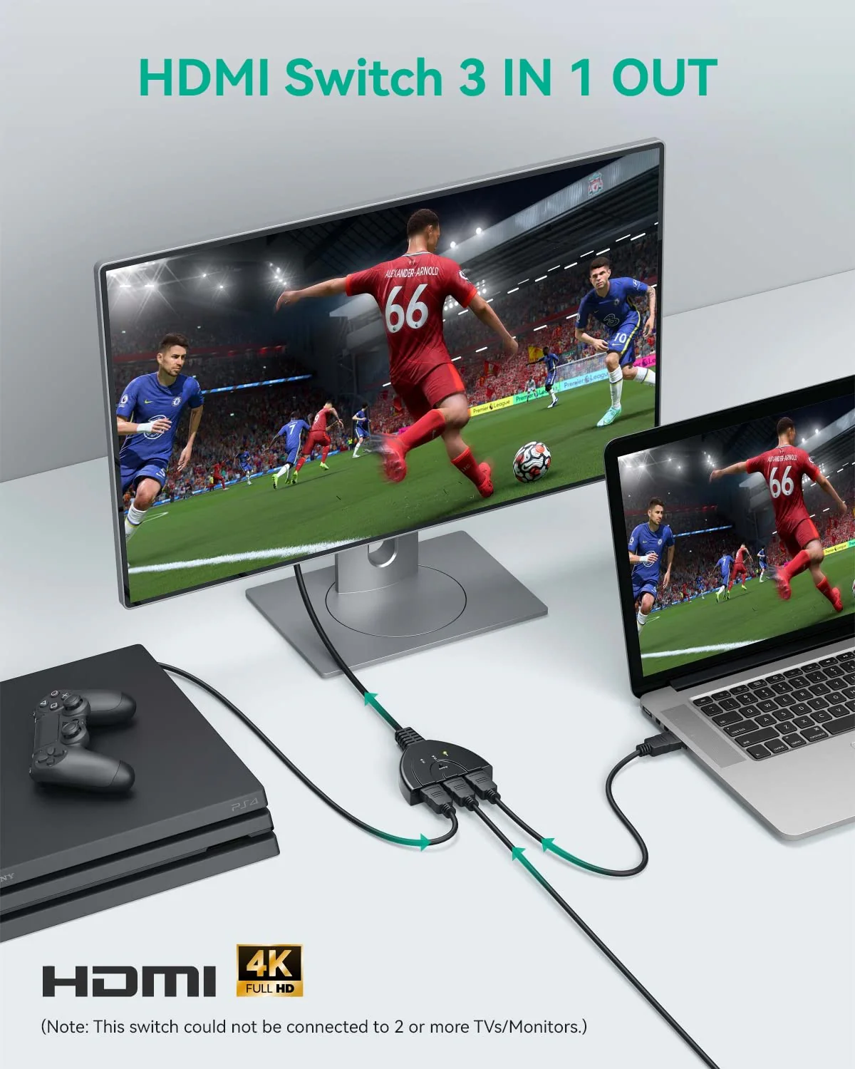 HDMI Switch 4K, VILCOME 3 Port HDMI Switcher 3x1 HDMI Splitter Hub 3 in 1 Out with Pigtail Cable Supports 4K 3D HD 1080P for Xbox PS4 Roku HDTV 1.25FT Cable - Image 5