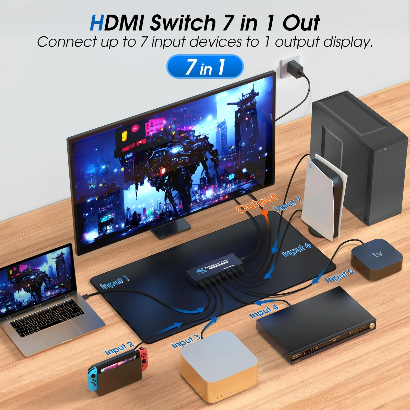 HDMI Switch 7 in 1 Out, 4K60Hz HDMI Switcher with Remote, H-DMI Selector Box Support UltraHD Dolby HDR10 2.0 HDCP 2.2 3D, HD-MI Splitter Compatible with Xbox PS5/4/3 Blu-Ray Player Fire Stick Blue - Image 2