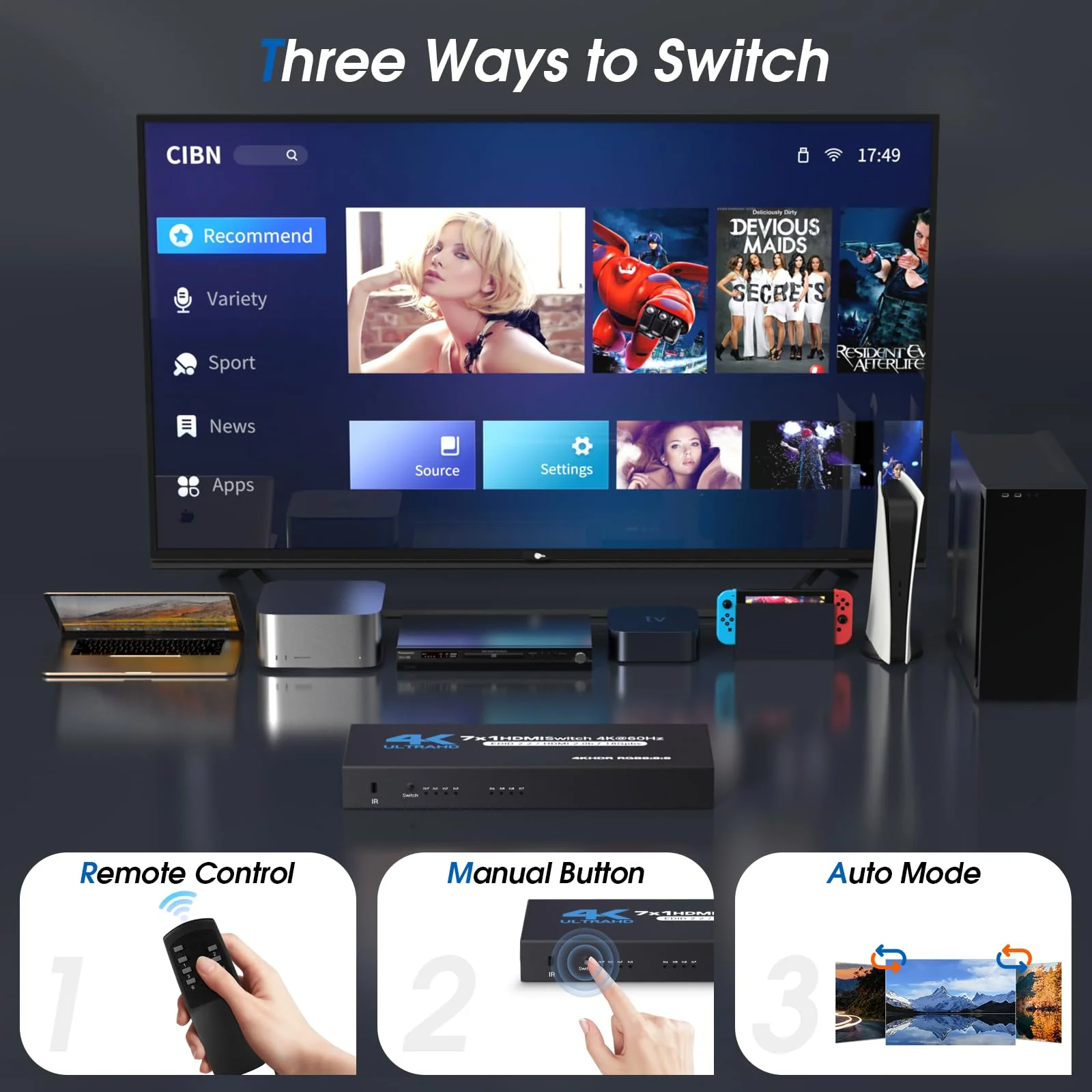 HDMI Switch 7 in 1 Out, 4K60Hz HDMI Switcher with Remote, H-DMI Selector Box Support UltraHD Dolby HDR10 2.0 HDCP 2.2 3D, HD-MI Splitter Compatible with Xbox PS5/4/3 Blu-Ray Player Fire Stick Blue - Image 4