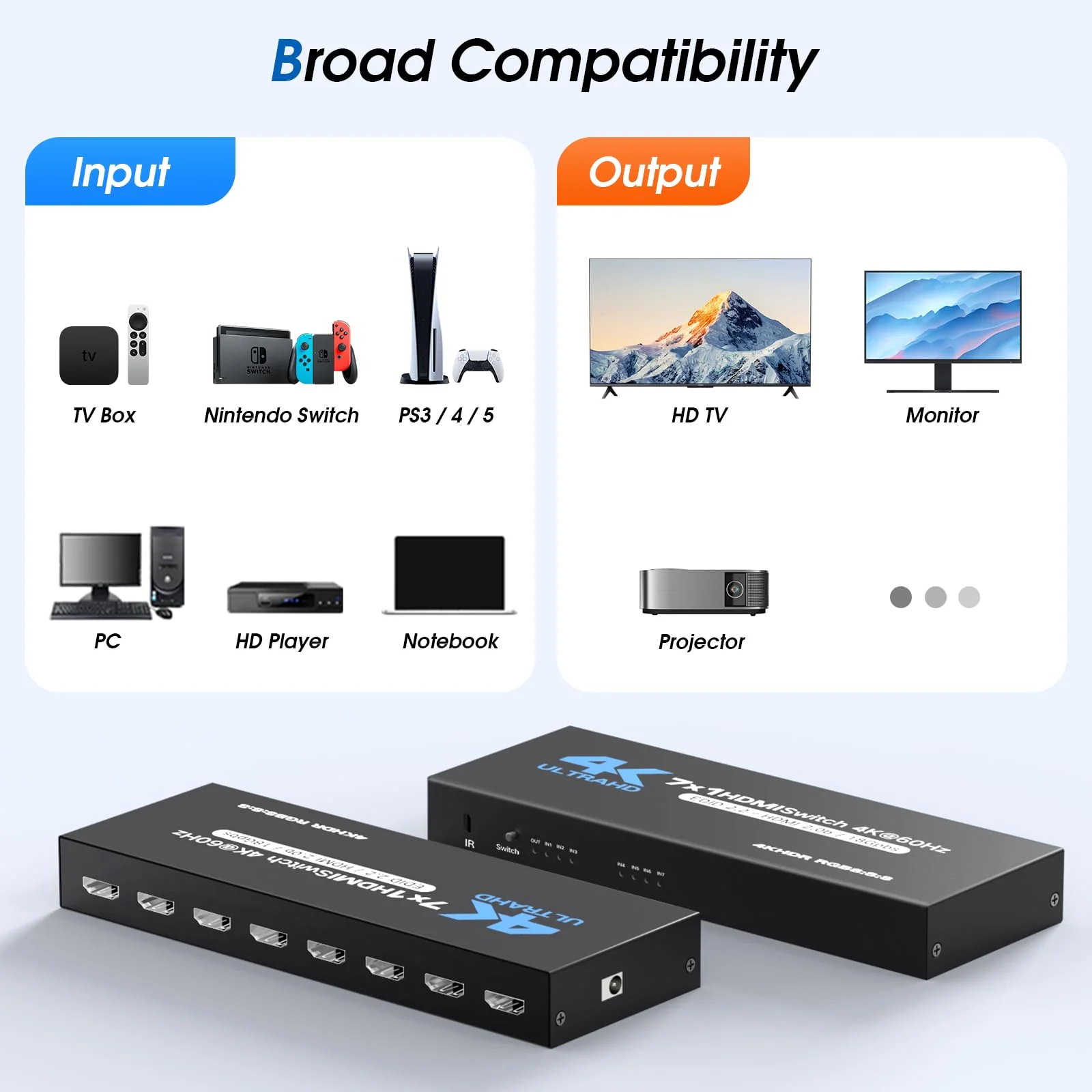 HDMI Switch 7 in 1 Out, 4K60Hz HDMI Switcher with Remote, H-DMI Selector Box Support UltraHD Dolby HDR10 2.0 HDCP 2.2 3D, HD-MI Splitter Compatible with Xbox PS5/4/3 Blu-Ray Player Fire Stick Blue - Image 5