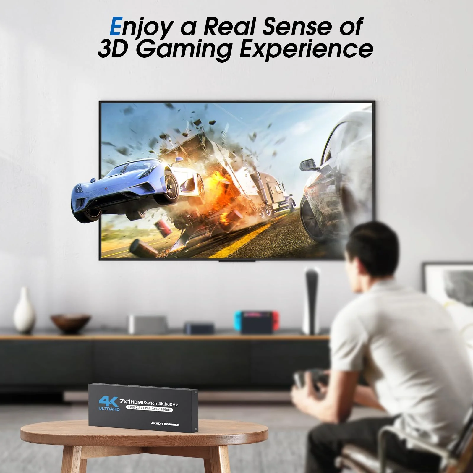 HDMI Switch 7 in 1 Out, 4K60Hz HDMI Switcher with Remote, H-DMI Selector Box Support UltraHD Dolby HDR10 2.0 HDCP 2.2 3D, HD-MI Splitter Compatible with Xbox PS5/4/3 Blu-Ray Player Fire Stick Blue - Image 6
