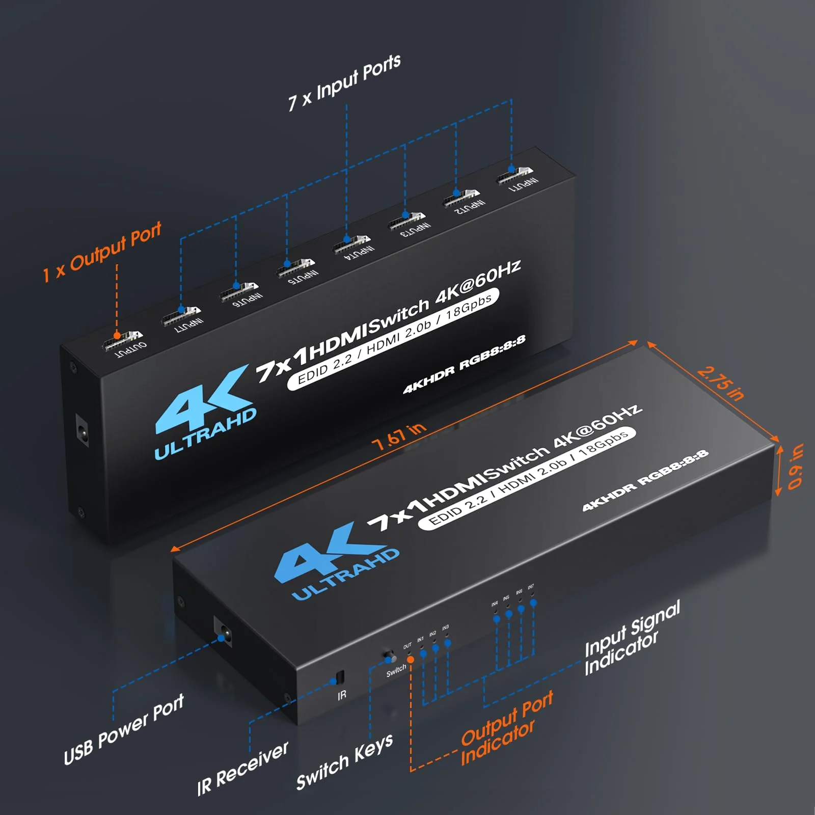 HDMI Switch 7 in 1 Out, 4K60Hz HDMI Switcher with Remote, H-DMI Selector Box Support UltraHD Dolby HDR10 2.0 HDCP 2.2 3D, HD-MI Splitter Compatible with Xbox PS5/4/3 Blu-Ray Player Fire Stick Blue - Image 7