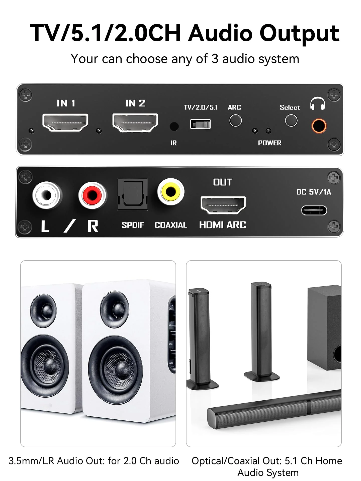 HDMI Switch eARC Audio Extractor, 4K@60hz HDMI Audio Splitter with Remote, Support 7.1 Channel Audio/Optical Toslink SPDIF/Coaxial Converter HDR (Black) Black - Image 5