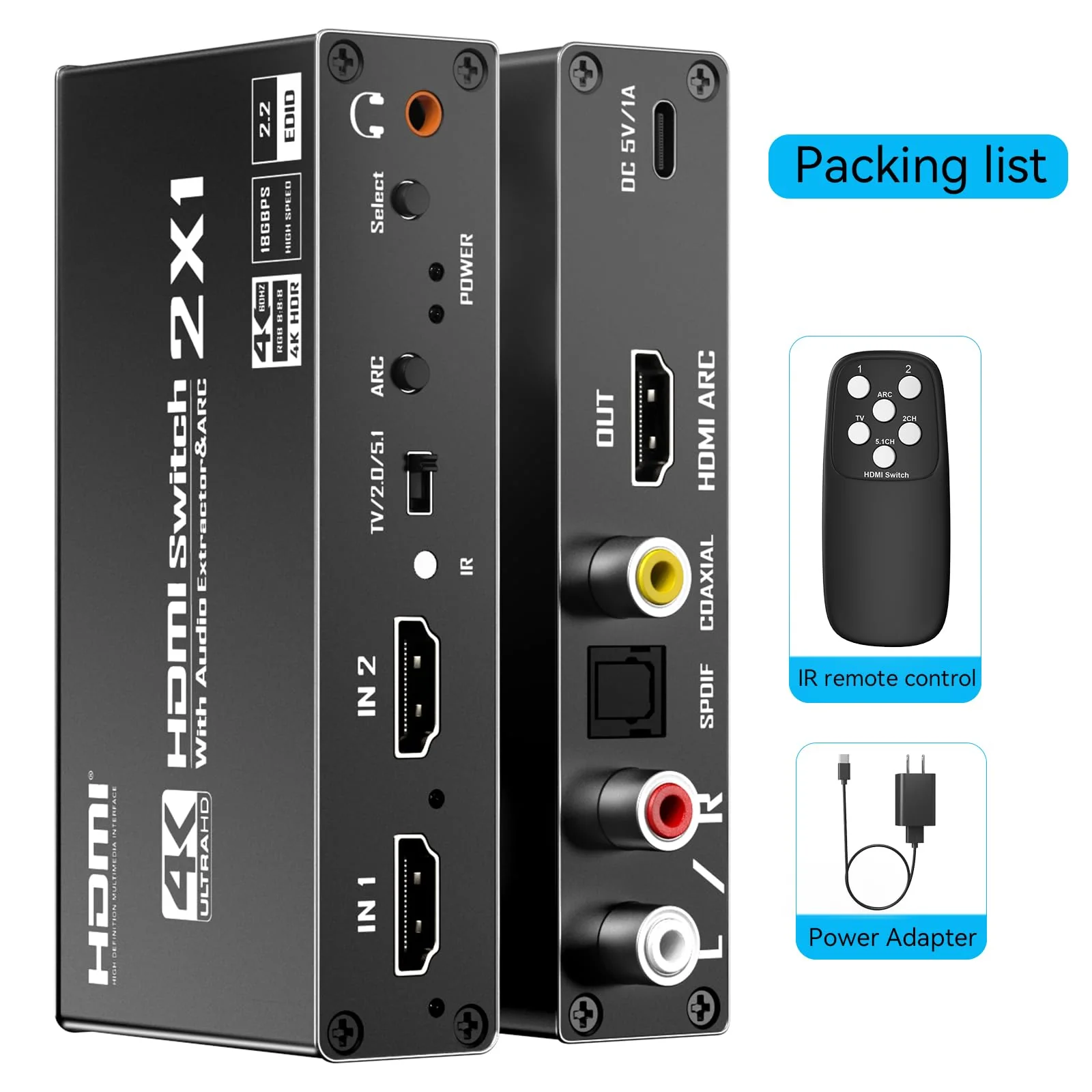 HDMI Switch eARC Audio Extractor, 4K@60hz HDMI Audio Splitter with Remote, Support 7.1 Channel Audio/Optical Toslink SPDIF/Coaxial Converter HDR (Black) Black - Image 8