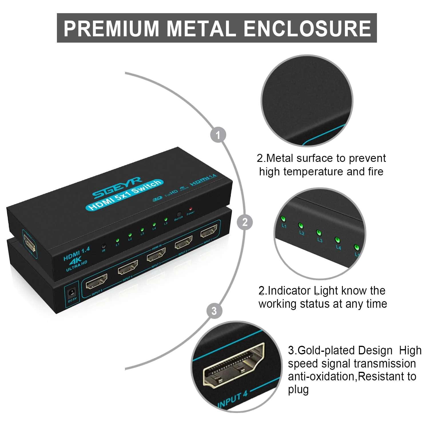 HDMI Switch SGEYR 5x1 HDMI Switcher 5 in 1 Out HDMI Selector 5 Port Box with IR Remote Control HDMI 1.4 HDCP 1.4 Support 4K@30Hz Ultra HD 3D 2160P 1080P Blue - Image 3
