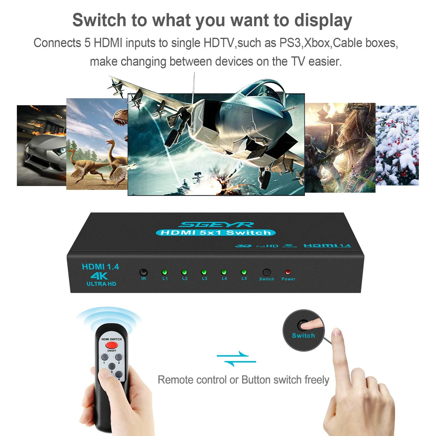 HDMI Switch SGEYR 5x1 HDMI Switcher 5 in 1 Out HDMI Selector 5 Port Box with IR Remote Control HDMI 1.4 HDCP 1.4 Support 4K@30Hz Ultra HD 3D 2160P 1080P Blue - Image 5