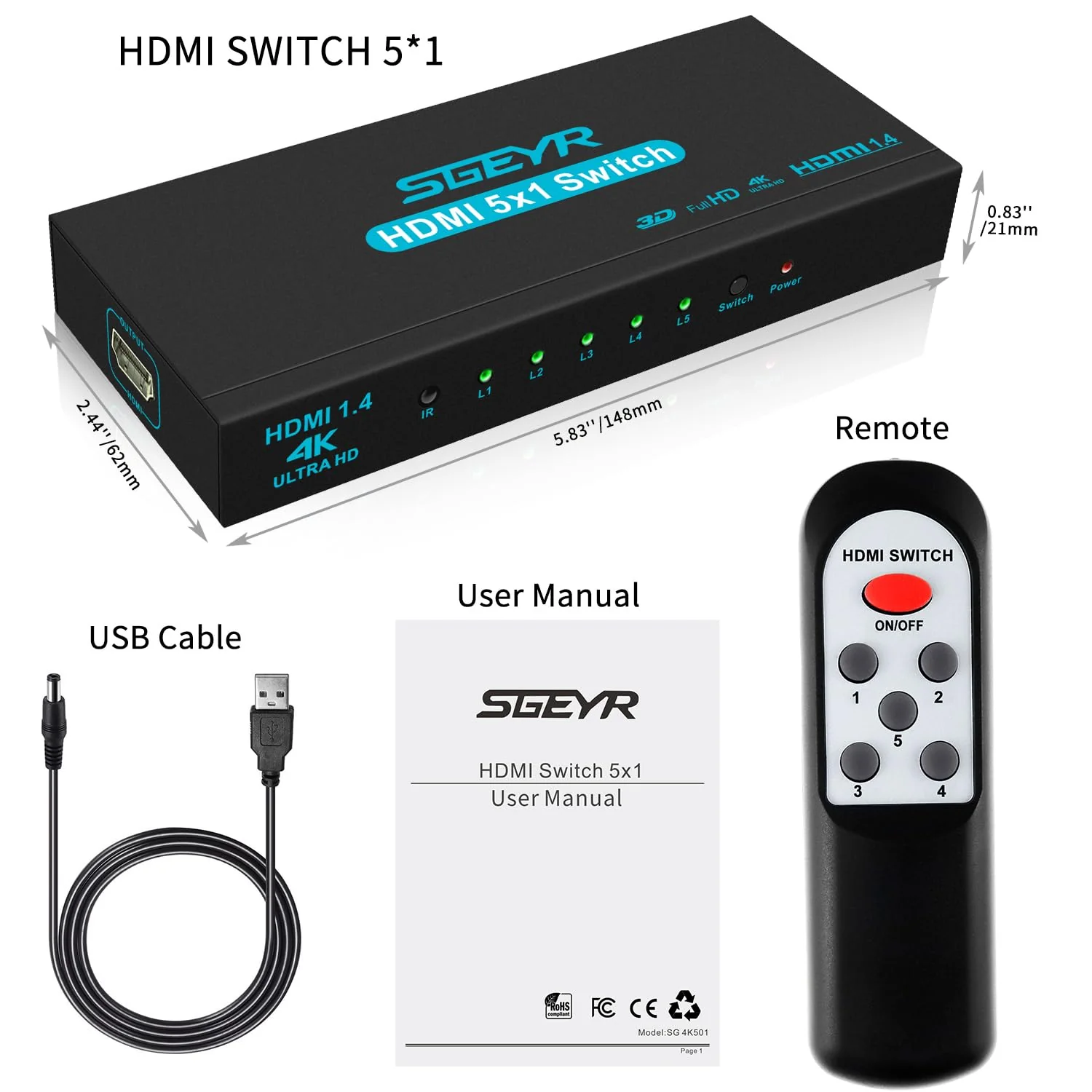 HDMI Switch SGEYR 5x1 HDMI Switcher 5 in 1 Out HDMI Selector 5 Port Box with IR Remote Control HDMI 1.4 HDCP 1.4 Support 4K@30Hz Ultra HD 3D 2160P 1080P Blue - Image 7