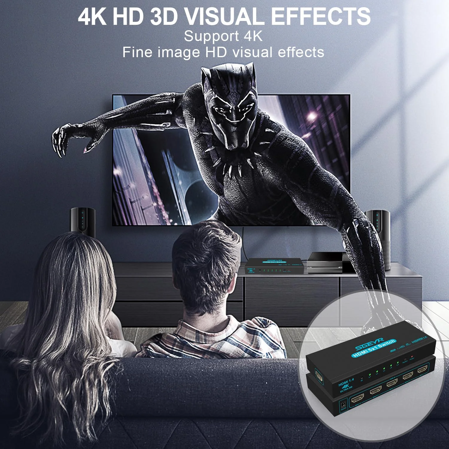 HDMI Switch SGEYR 5x1 HDMI Switcher 5 in 1 Out HDMI Selector 5 Port Box with IR Remote Control HDMI 1.4 HDCP 1.4 Support 4K@30Hz Ultra HD 3D 2160P 1080P Blue - Image 8