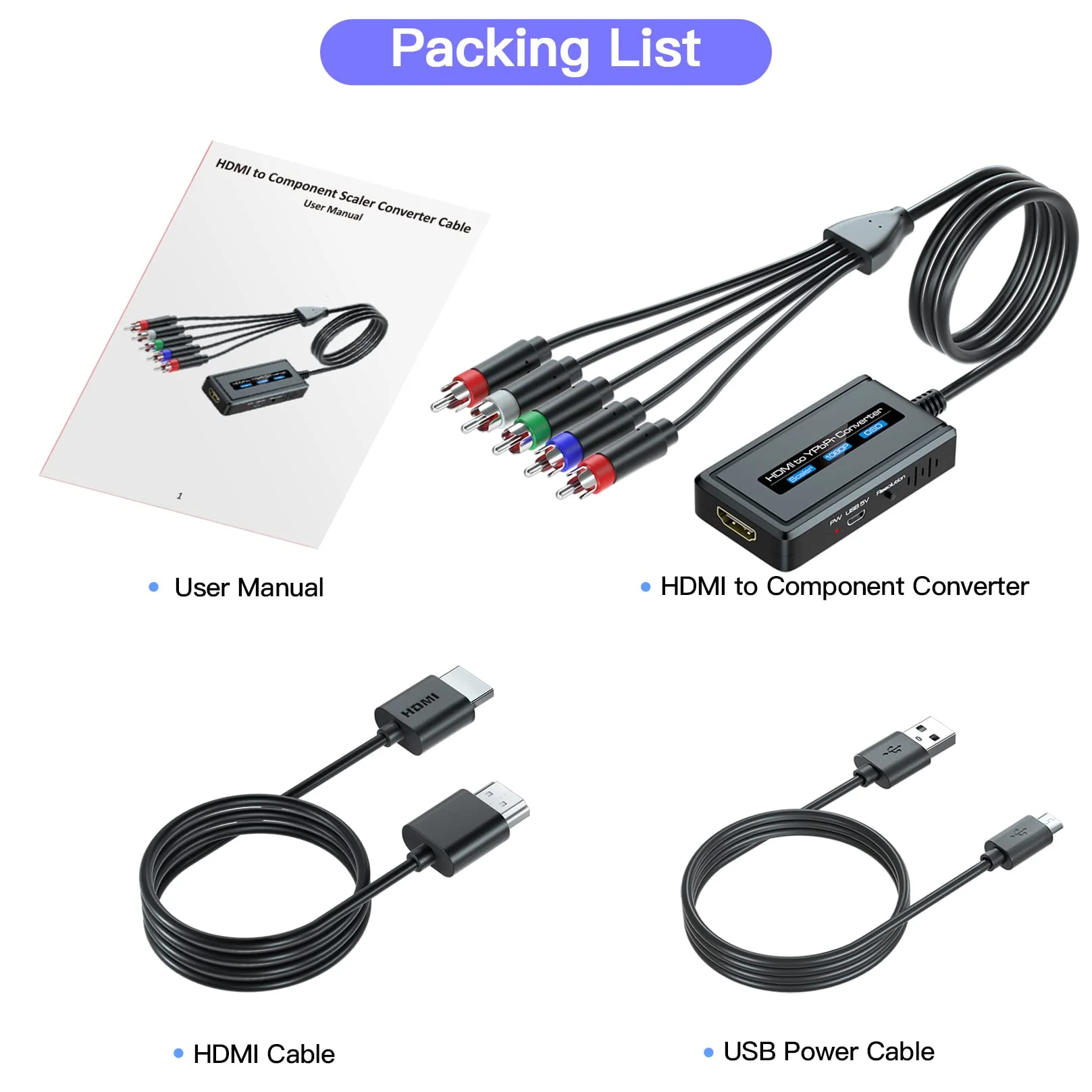 HDMI to Component Converter Cable with Scaler Function, 1080P HDMI to YPbPr Scaler Converter Supports 1080i HD Input for Old TVs Black - Image 6