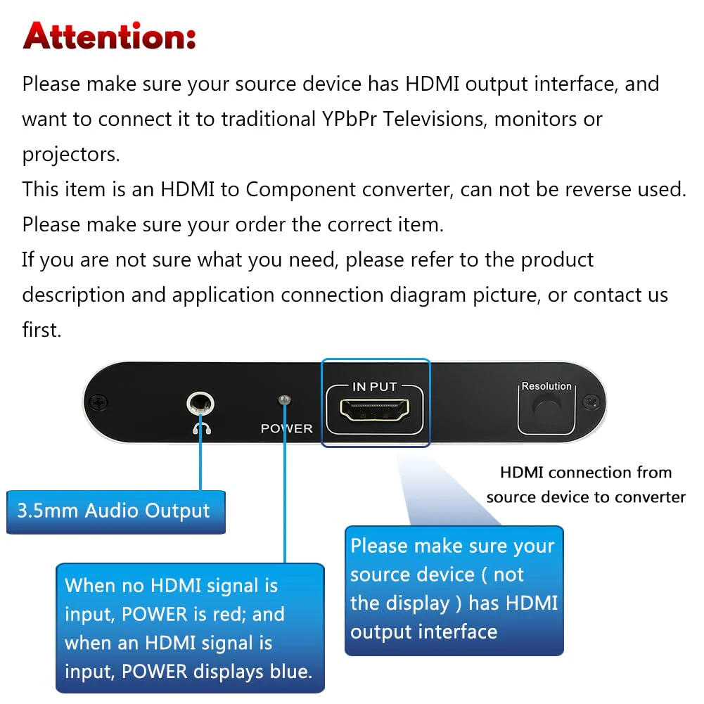 HDMI to Component Converter, HDMI to YPbPr 5RCA RGB Converter with Scaler Function up to 1080P@60Hz Supports Video Audio Converter Adapter for TV Stick, DVD, PS3, PS4 Etc Black - Image 4