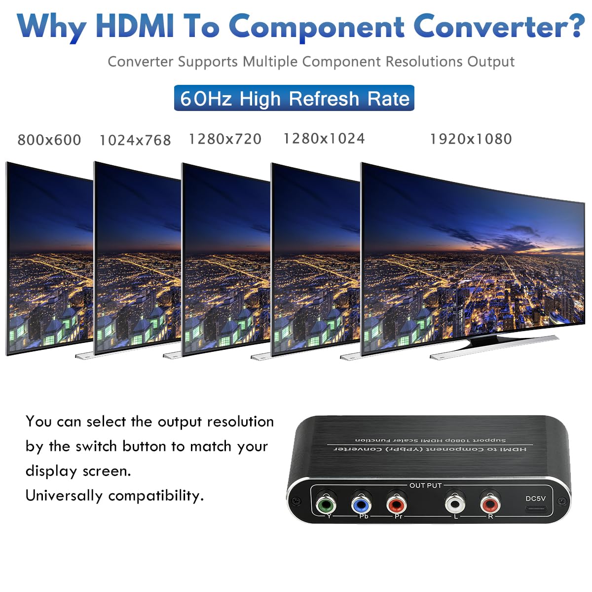 HDMI to Component Converter, HDMI to YPbPr 5RCA RGB Converter with Scaler Function up to 1080P@60Hz Supports Video Audio Converter Adapter for TV Stick, DVD, PS3, PS4 Etc Black - Image 5