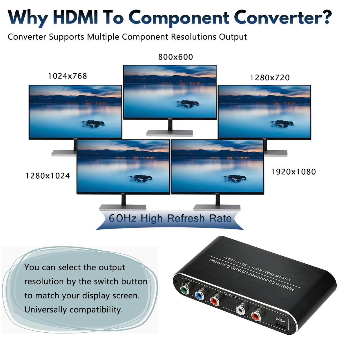 HDMI to Component Converter with Scaler Function, HDMI to YPbPr 5RCA RGB Scaler Adapter V1.4 with R/L Audio Output Support for MacBook TV Blu-Ray DVD PS4 DVD, PSP, Xbox 360,Amazon Fire TV - Image 2