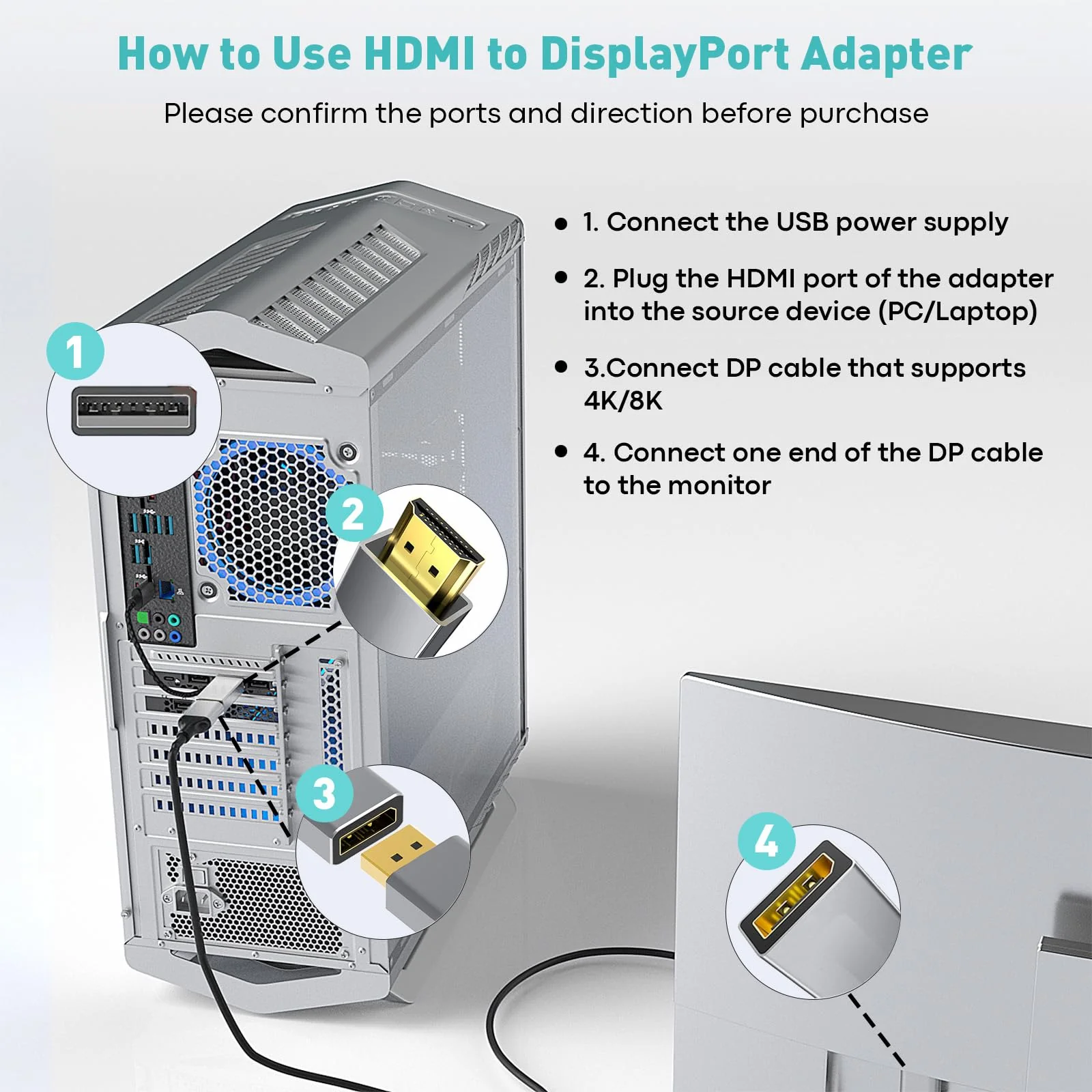 HDMI to DisplayPort Adapter (4K 60Hz,1080p 120Hz) Uni-Directional HDMI Male to DP Female Converter for Monitor Compatible with GPU,Laptop,AMD,NVIDIA,PS5,Xbox and More - 1 Pack 1.96 inch - Image 6