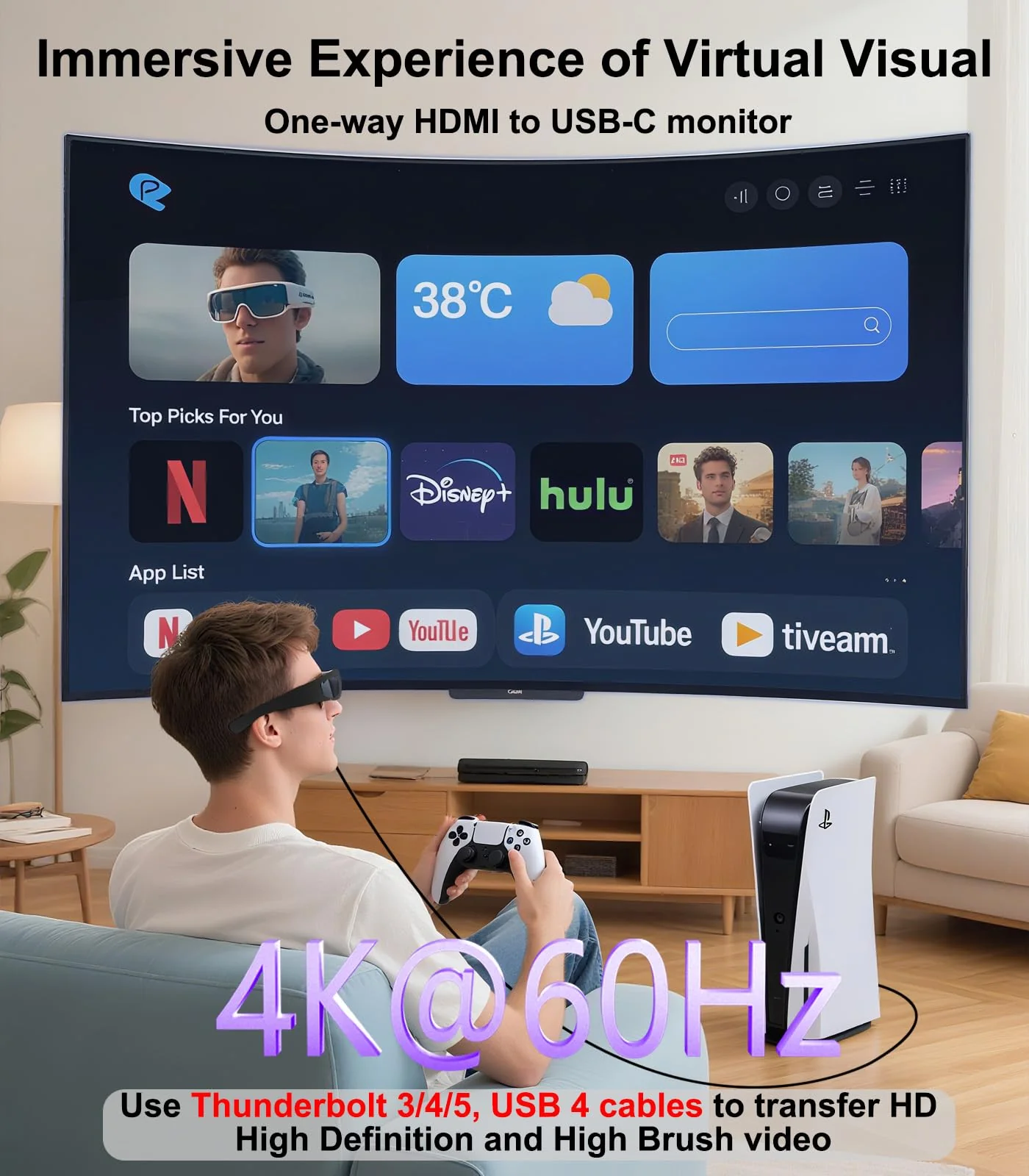 HDMI to USB C Adapter 4K60Hz, Unidirectional HDMI Male (Source) to USB C Female (Display) for Portable Monitor, AR Glasses XREAL One/Air 2 Pro/VITURE Pro/Rokid, PS4/5, Xbox, Switch, ROG Ally - Image 2