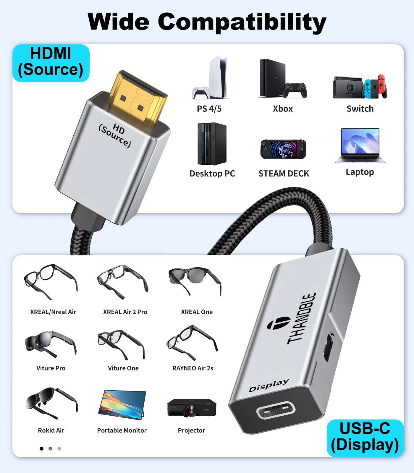 HDMI to USB C Adapter 4K60Hz, Unidirectional HDMI Male (Source) to USB C Female (Display) for Portable Monitor, AR Glasses XREAL One/Air 2 Pro/VITURE Pro/Rokid, PS4/5, Xbox, Switch, ROG Ally - Image 5